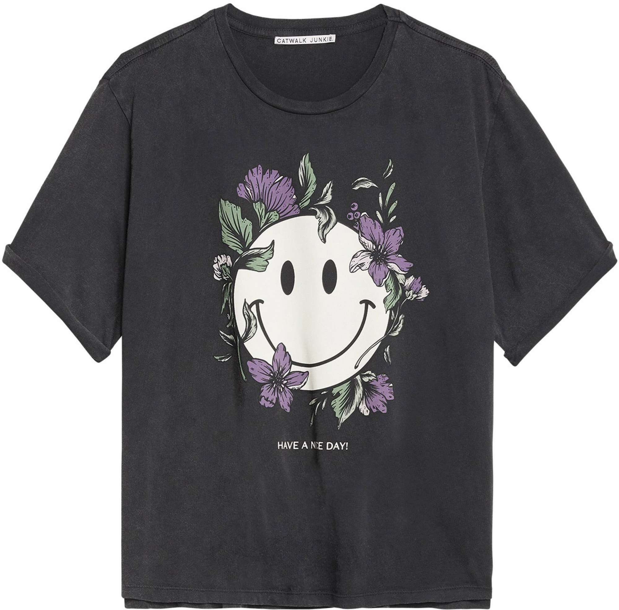 Catwalk Junkie T-shirt smiling flower dark grey StyleSearch