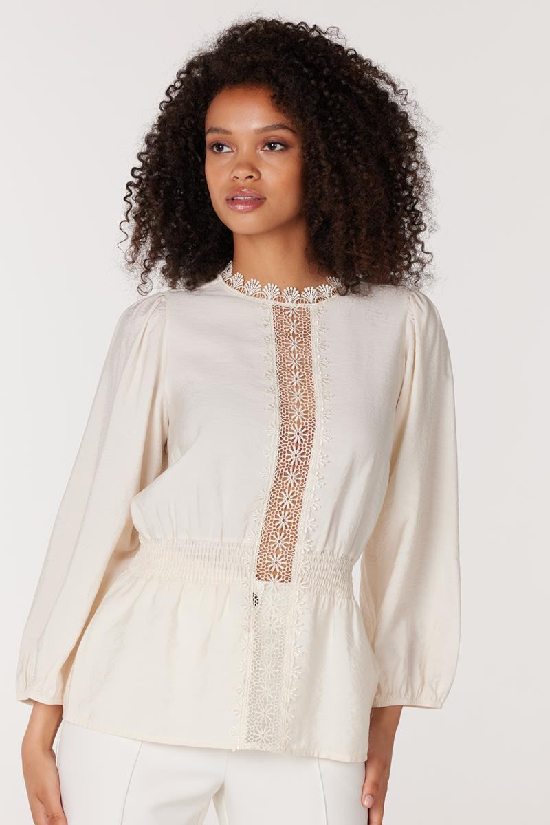 JANSEN AMSTERDAM Celeste blouse met peplum en kantendetails winter white