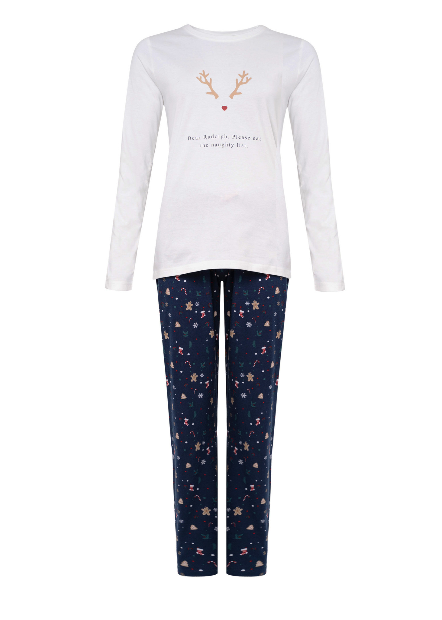 Afbeelding van Happy Shorts Dames kerst pyjama shirt + broek gingerbread / blauw
