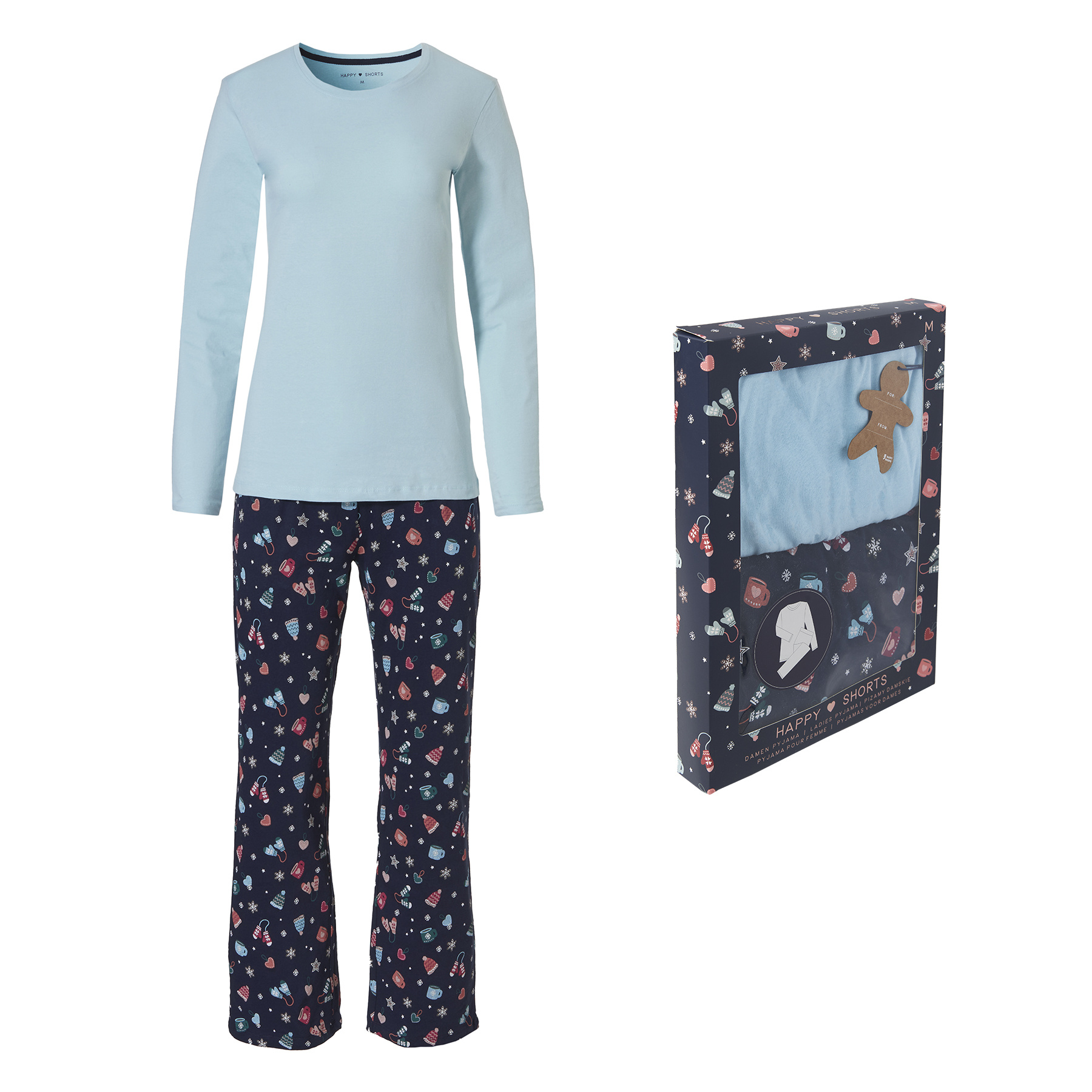 Afbeelding van Happy Shorts Dames kerst pyjama set shirt licht + broek winter print giftbox