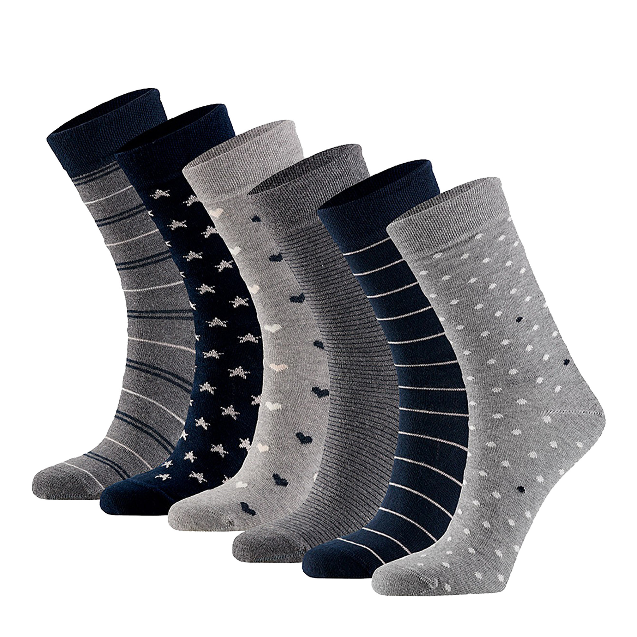Afbeelding van Apollo Dames sokken hartjes gestreept sterren print bio katoen 6-pack grijs / navy blauw