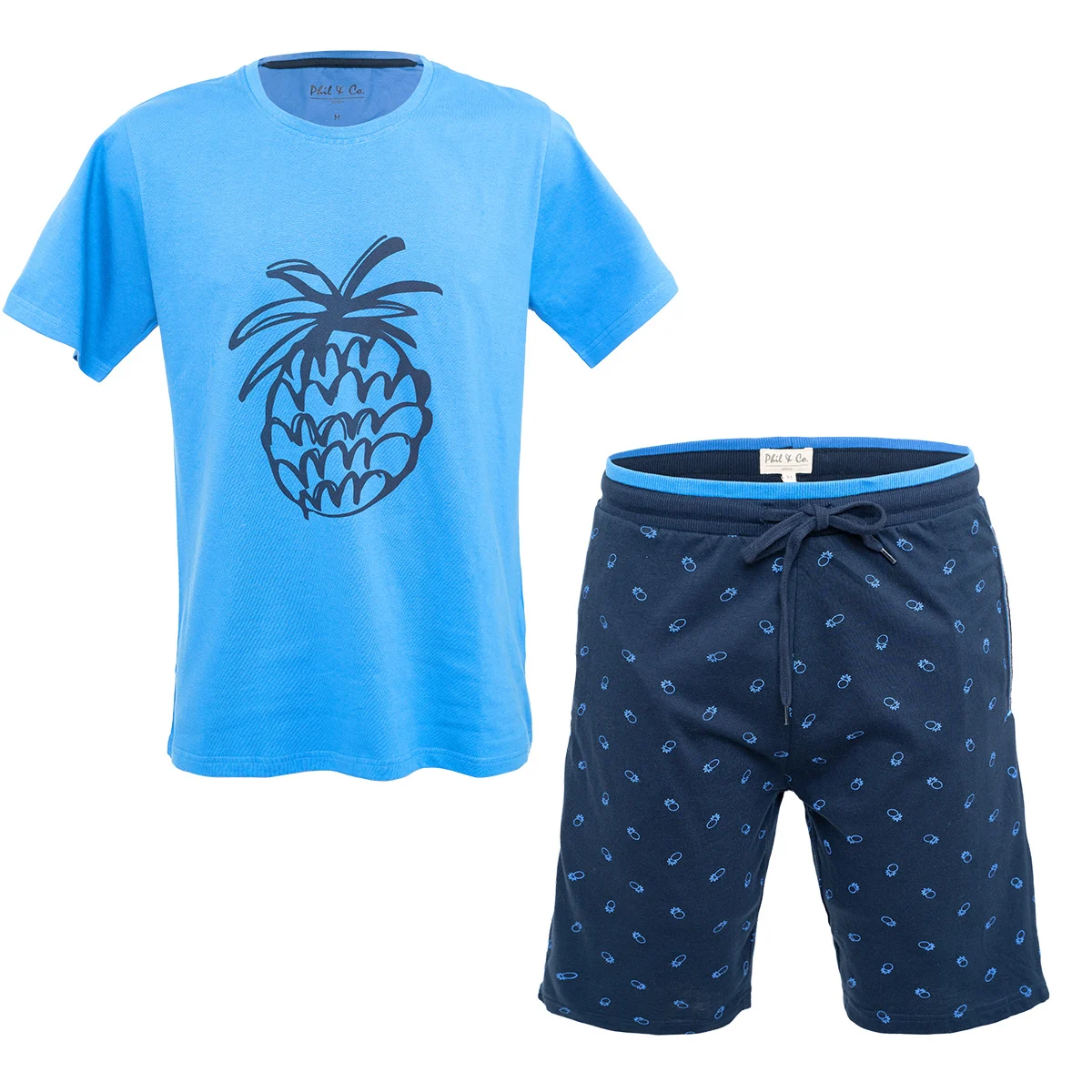 Afbeelding van Phil & Co Shortama heren korte pyjama katoen blauw ananas print