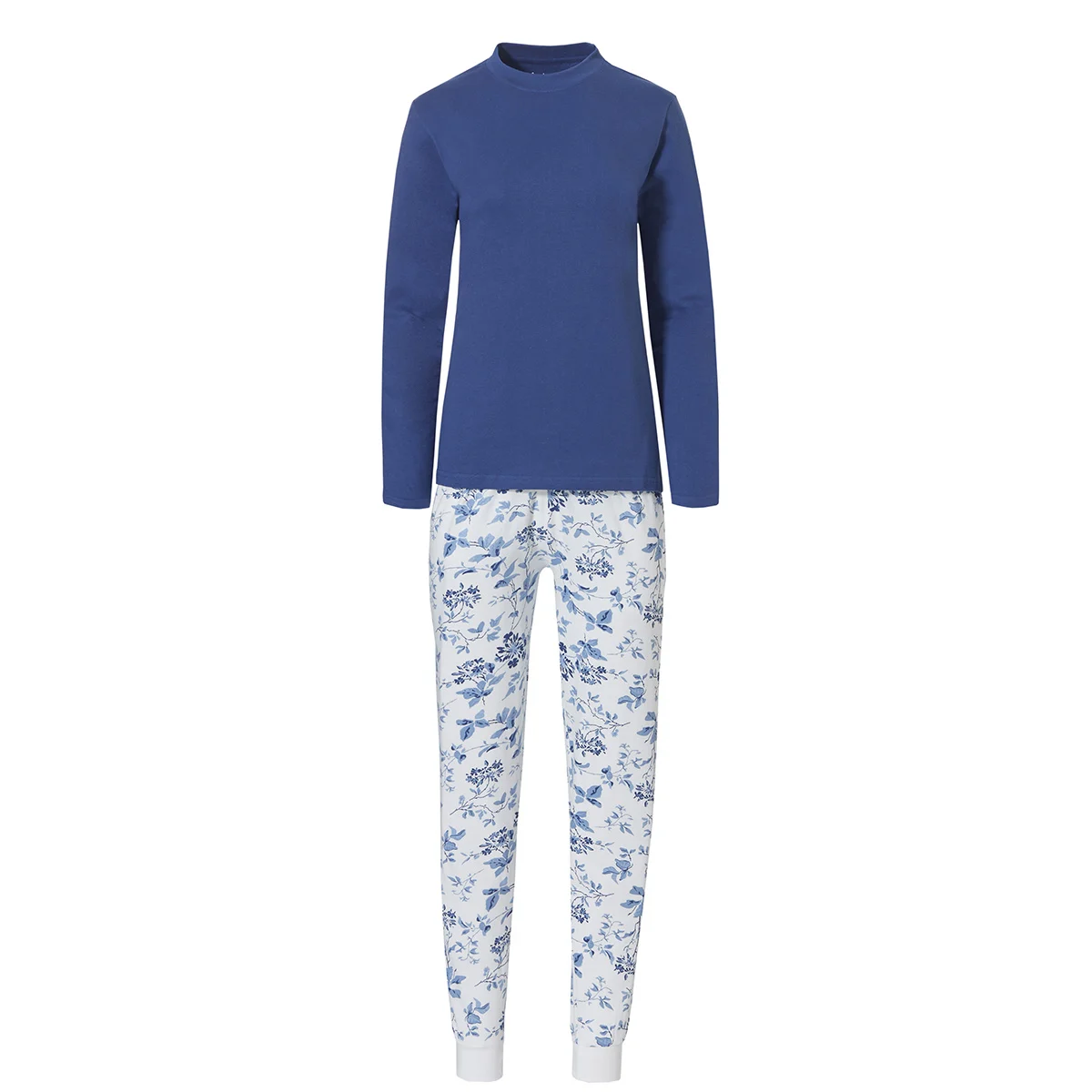 Afbeelding van By Louise Dames pyjama set interlock lange mouw + broek blauw / wit