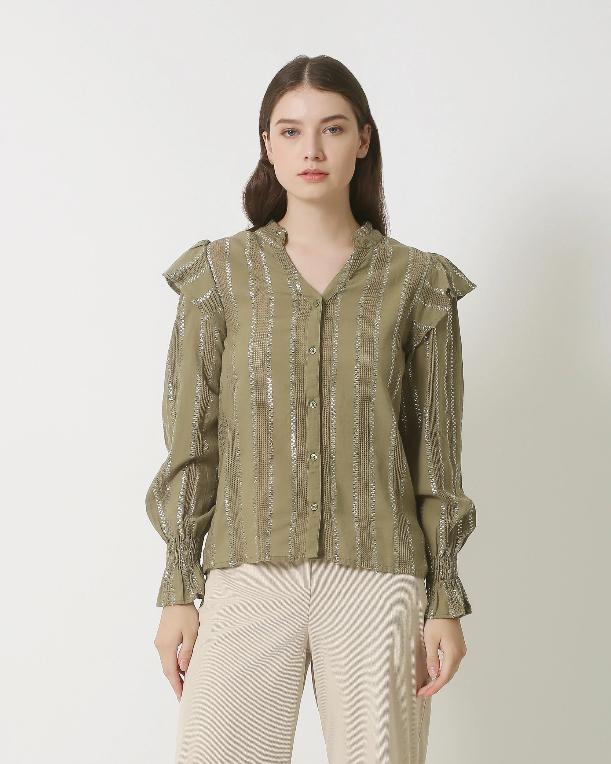 Smashed Lemon 23883 army groene lurex blouse met verticale strepen