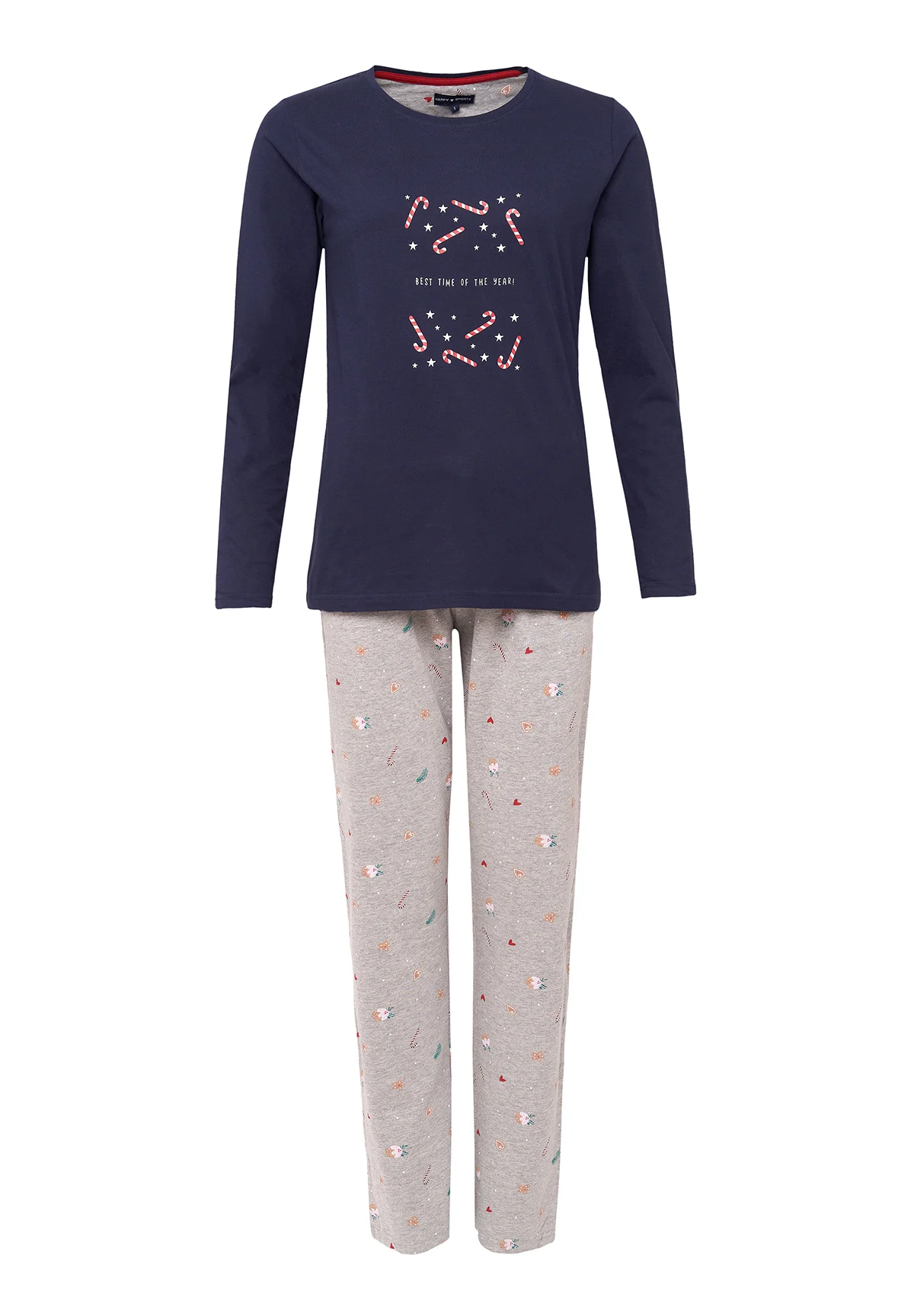 Afbeelding van Happy Shorts Dames kerst pyjama set shirt donkerblauw met zuurstokken + grijze broek met print