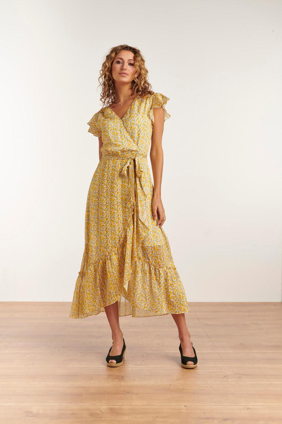 Smashed Lemon 23138 maxi jurk met bloemenprintgetailleerde pasvorm- |