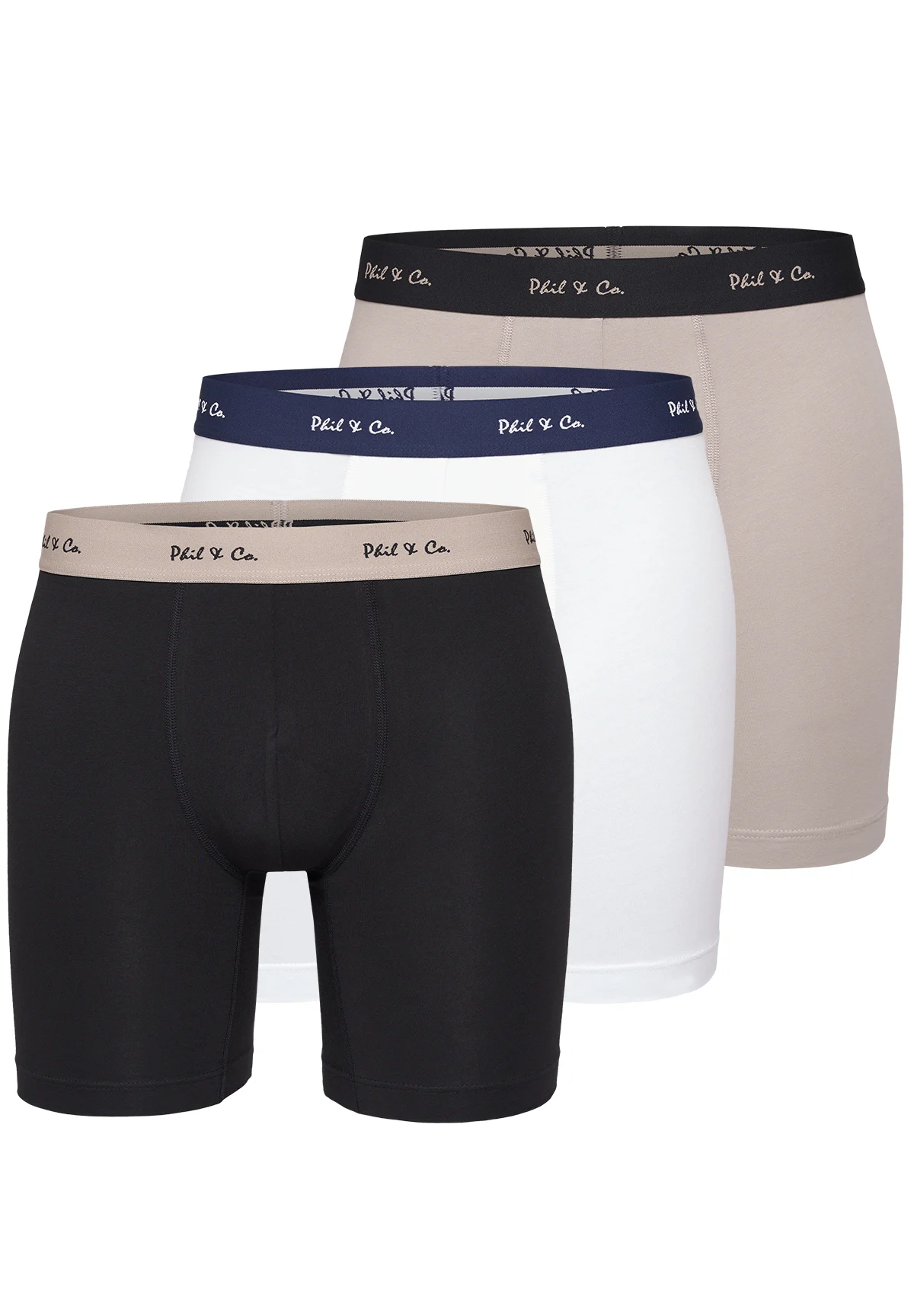 Phil & Co Boxershorts heren met lange pijpen boxer briefs 3-pack zwart / beige / wit