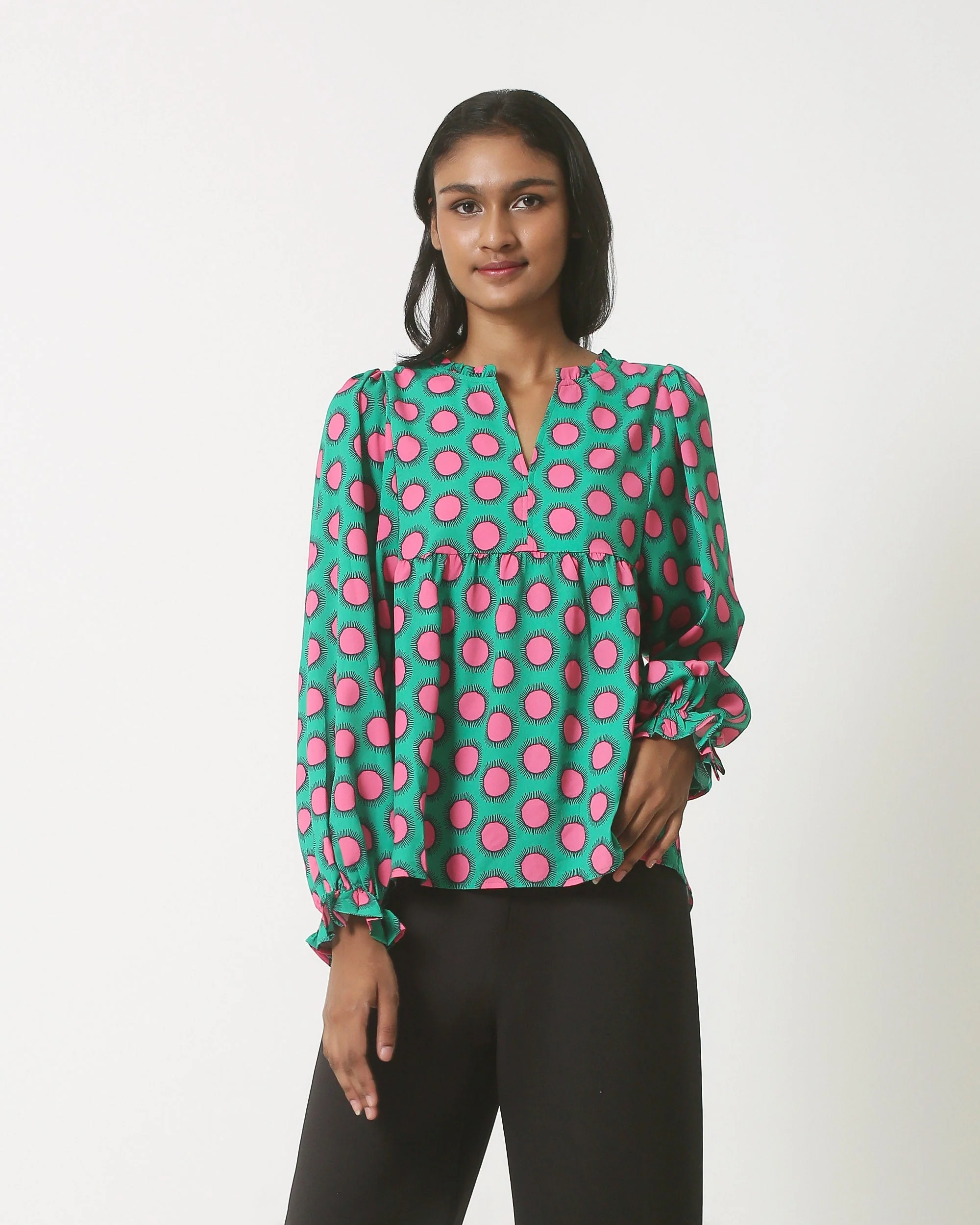 Smashed Lemon 23802 retro print top in groen roze met driekwart mouwen