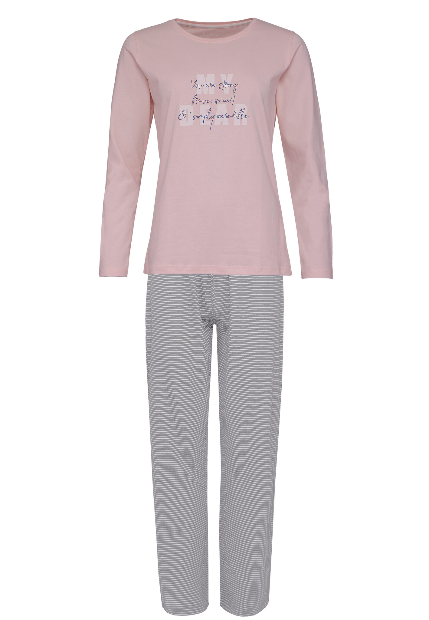 Afbeelding van By Louise Dames pyjama set lang katoen roze / grijs gestreept