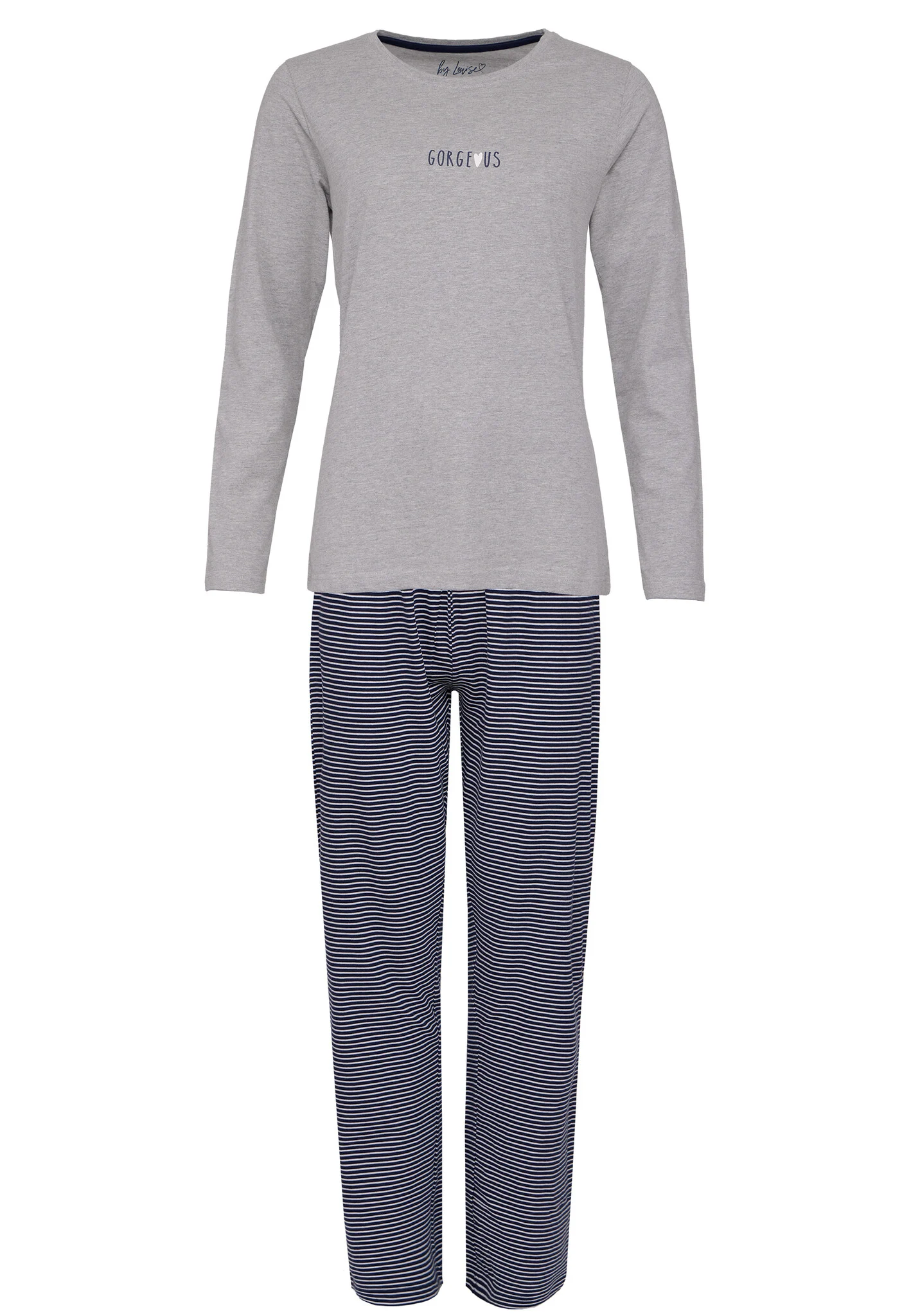Afbeelding van By Louise Dames pyjama set lang katoen grijs / donkerblauw gestreept