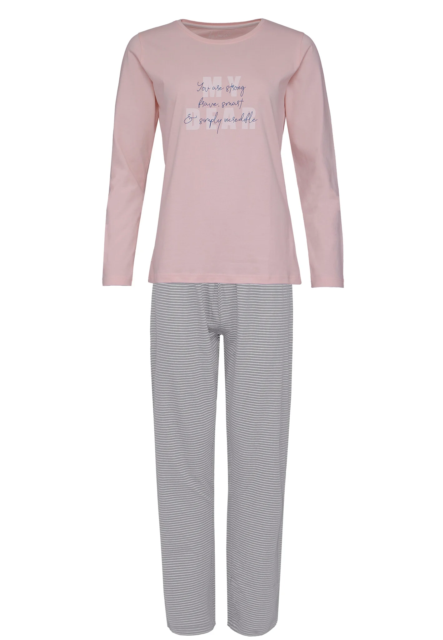 By Louise Dames pyjama set lang katoen roze / grijs gestreept
