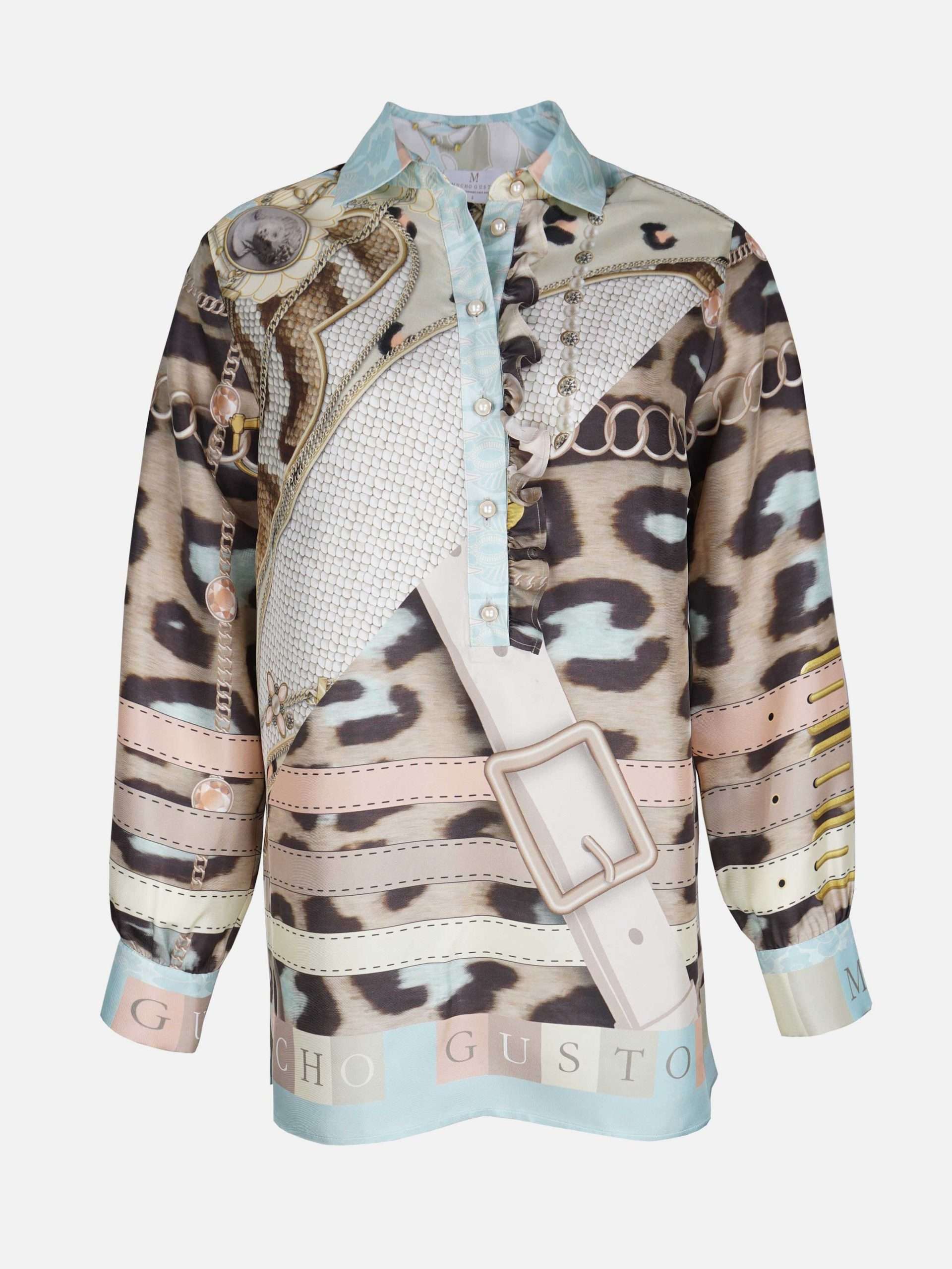 Afbeelding van Mucho Gusto Zijden blouse st. moritz luipaardprint met riemen en kettingen