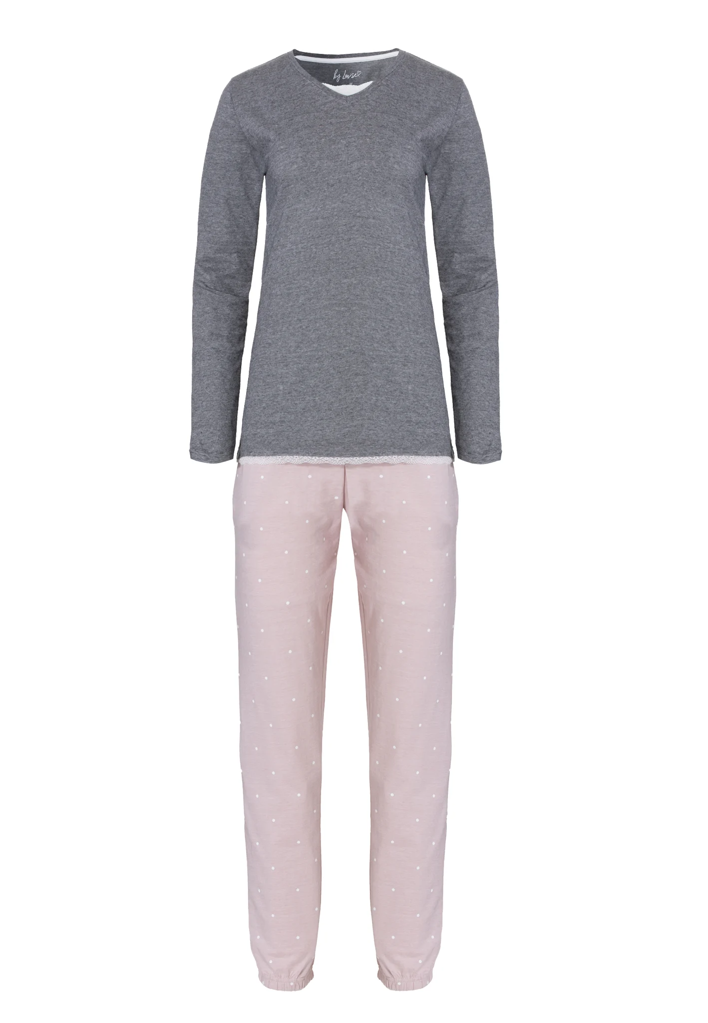 Afbeelding van By Louise Dames pyjama set lang katoen grijs / roze