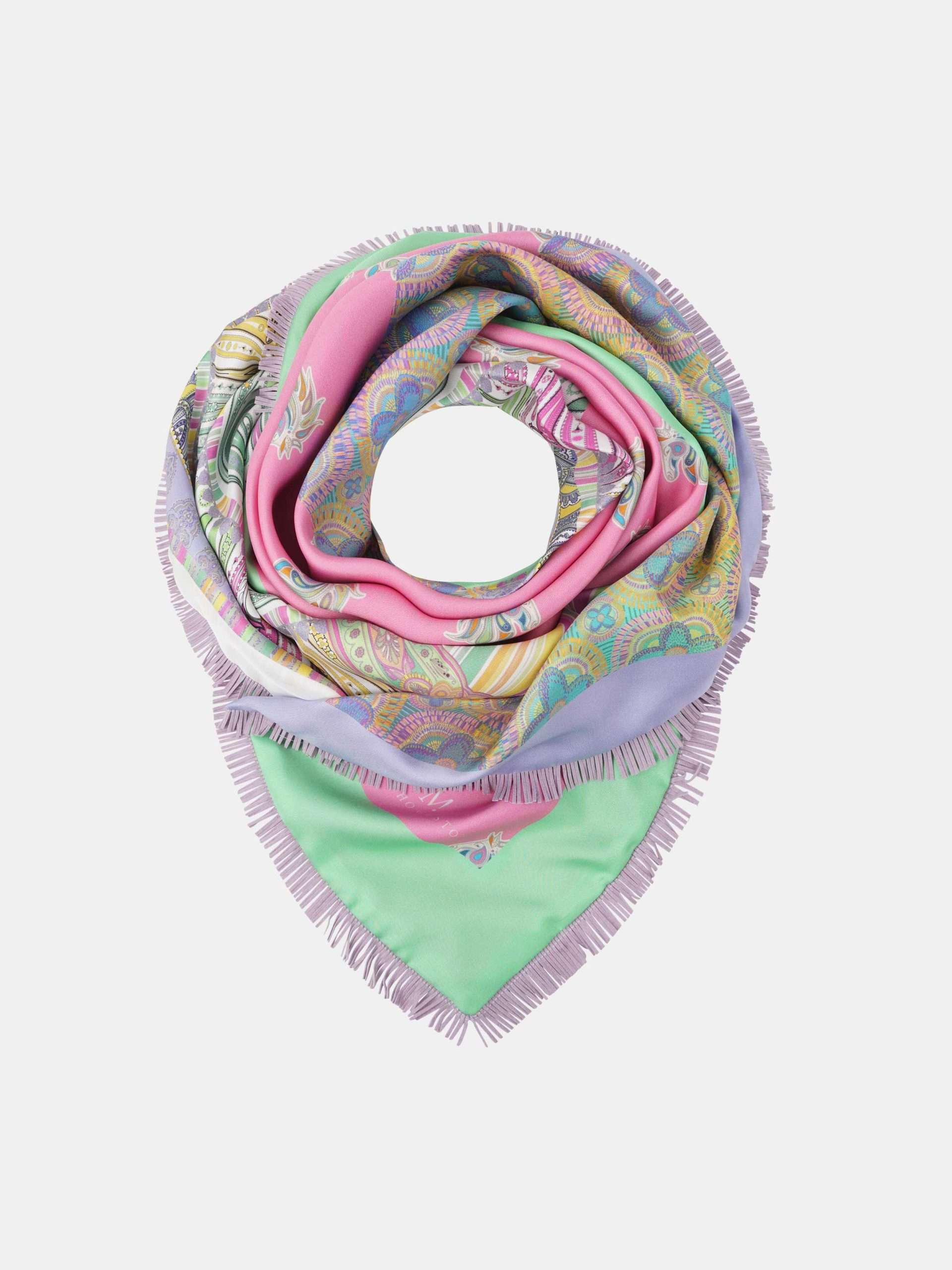 Afbeelding van Mucho Gusto Zijden sjaal st. tropez xs franjes groen met roze patchwork