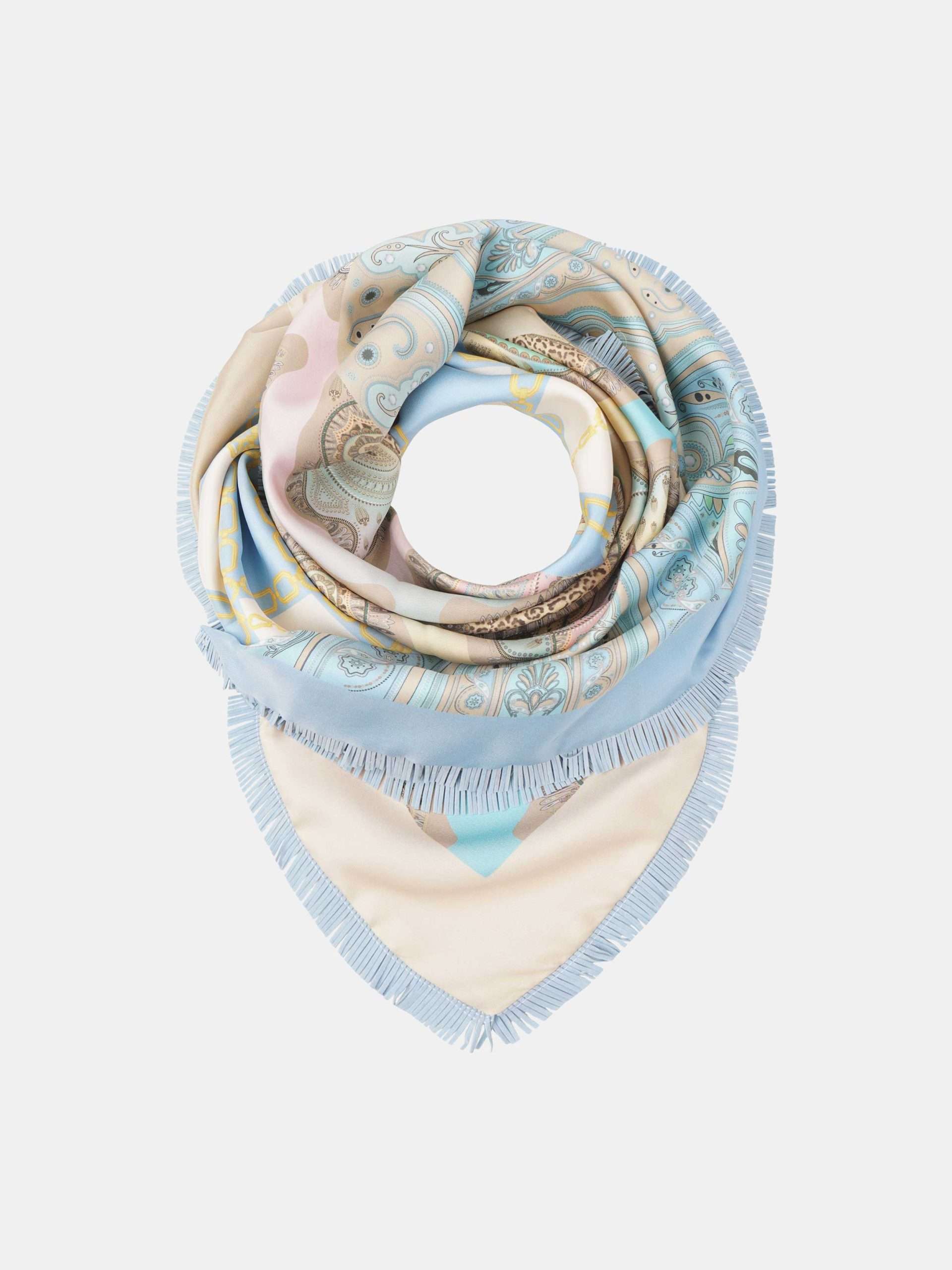 Afbeelding van Mucho Gusto Zijden sjaal laboca blauw met beige bloemmotief