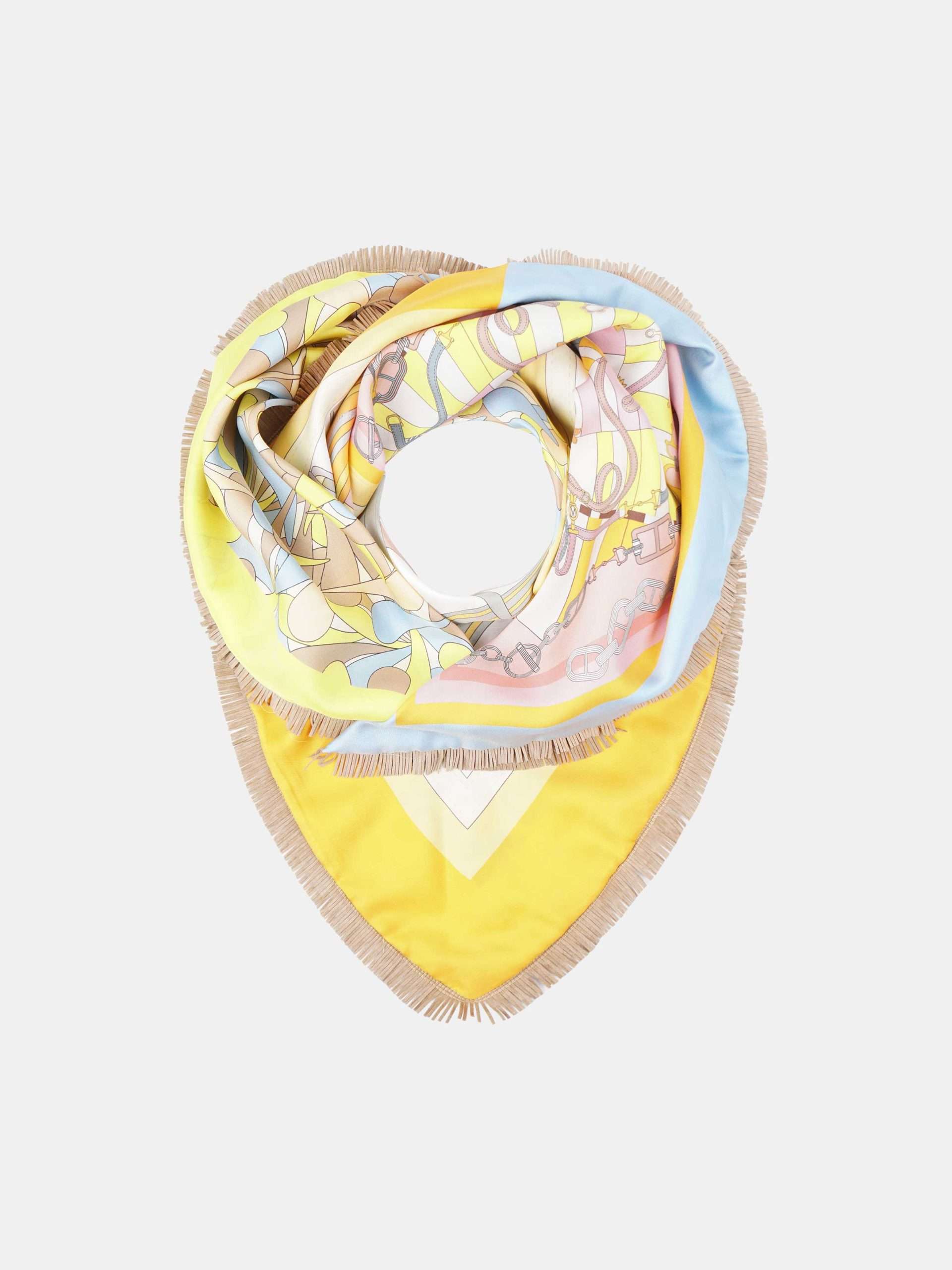 Afbeelding van Mucho Gusto Zijden sjaal st. tropez xs franjes geel met oranje patchwork