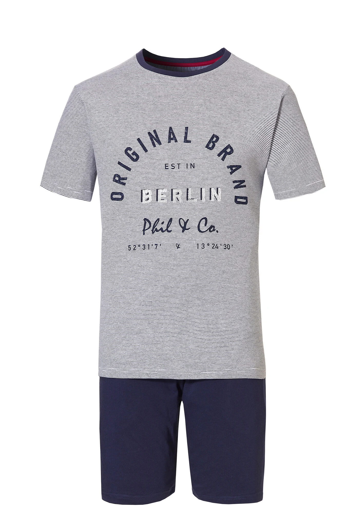 Phil & Co Heren shortama korte pyjama katoen grijs gestreept