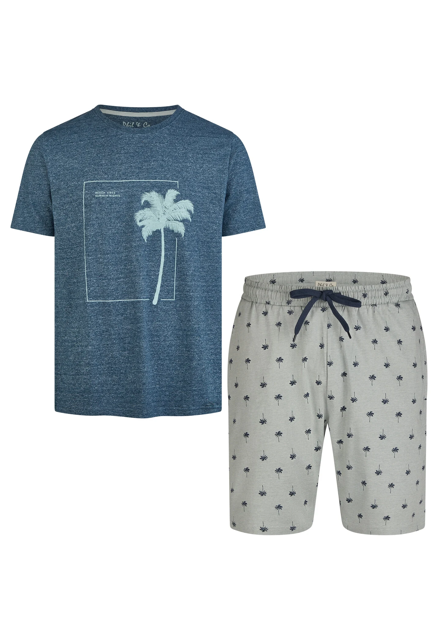 Afbeelding van Phil & Co Heren shortama korte pyjama katoen palm print blauw