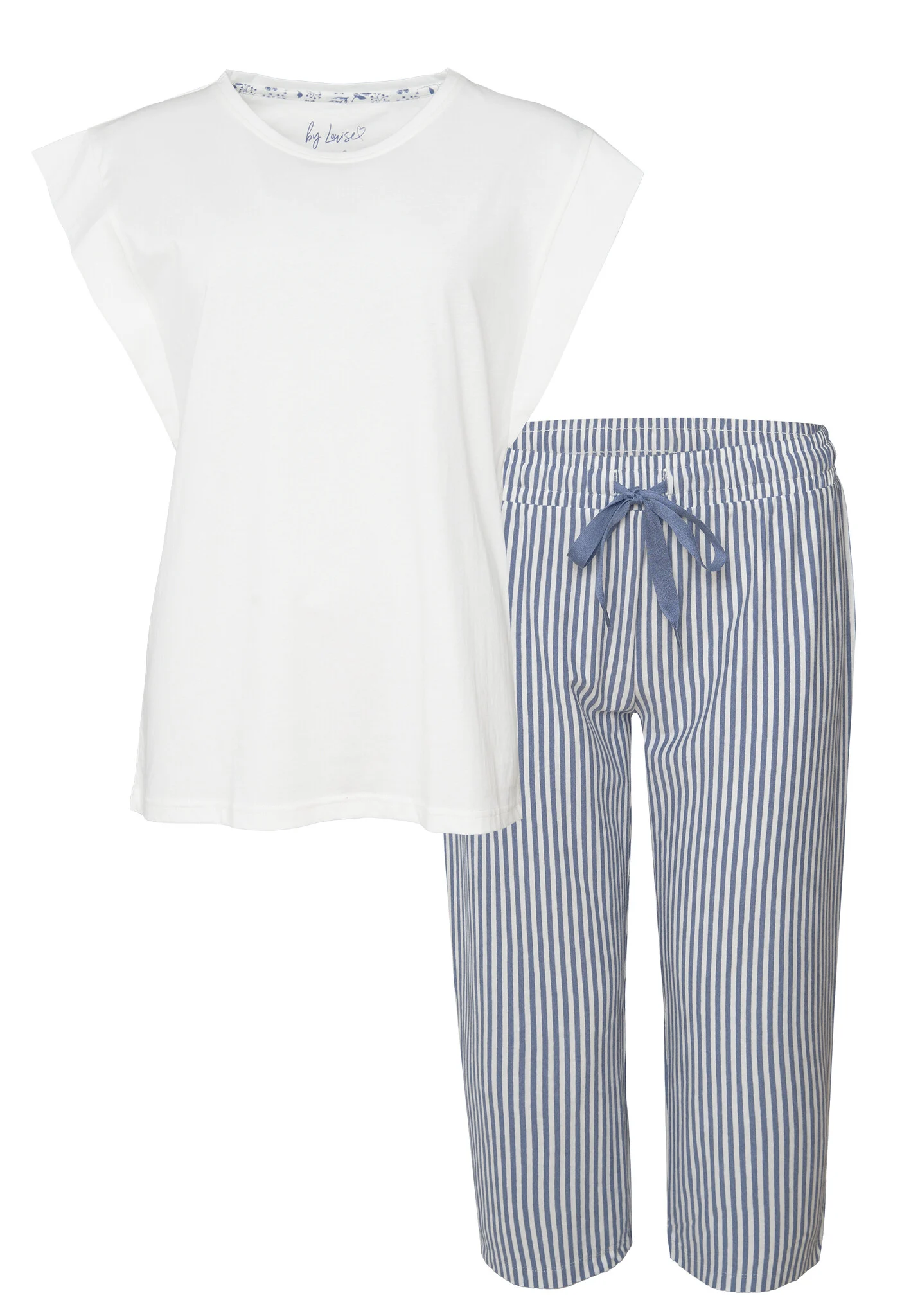 By Louise Dames capri korte pyjama set wit/blauw gestreept