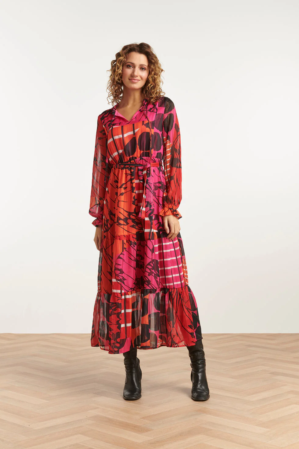 Smashed Lemon Maxi jurk met neklinten en pofmouwen mix match