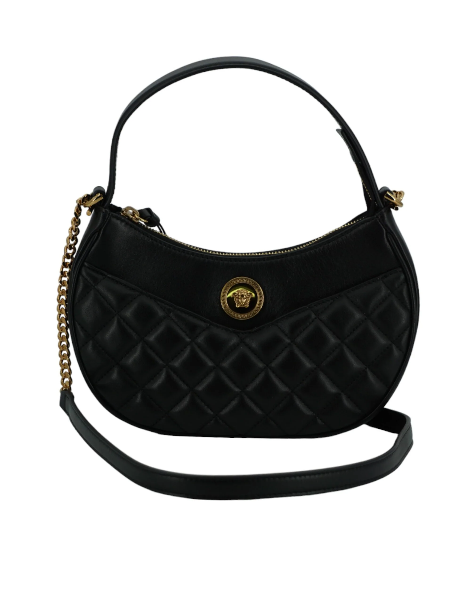 Versace Zwart leren half moon schoudertas