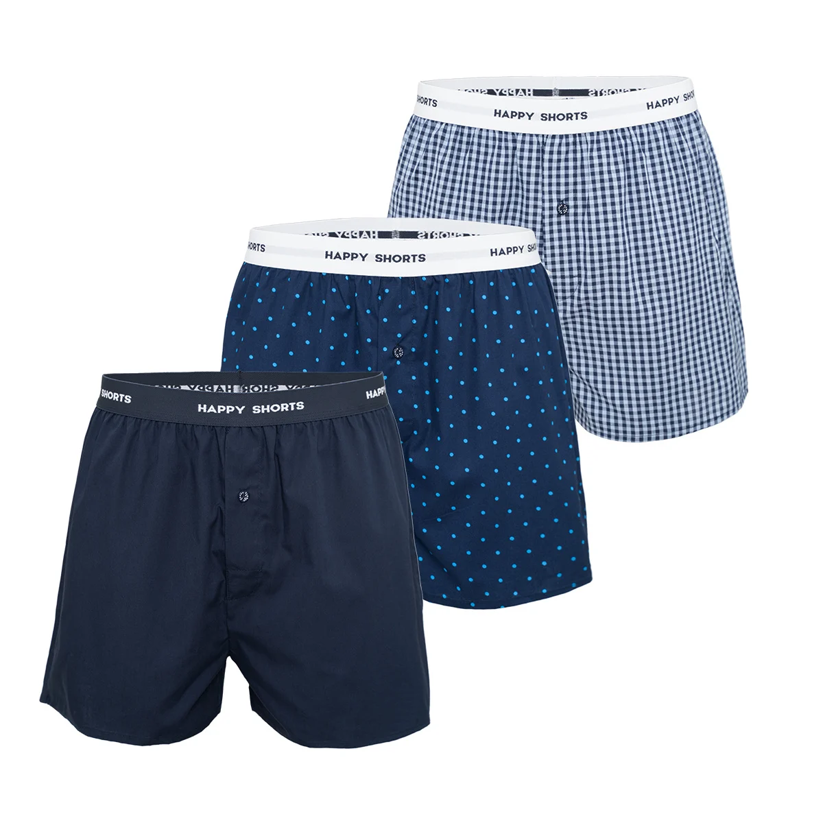 Happy Shorts 3-pack wijde boxershort gestipt geblokt effen blauw