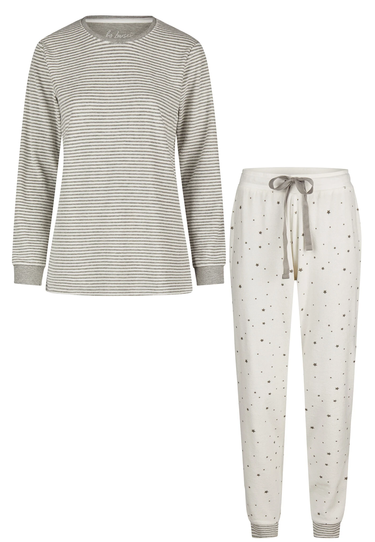 By Louise Dames winter pyjama set lang badstof gestreept wit