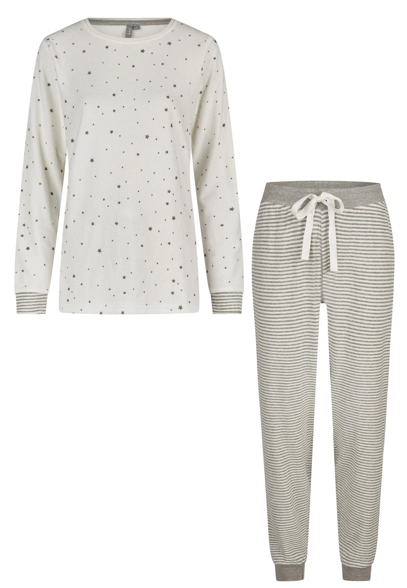 By Louise Dames winter pyjama set lang badstof sterren wit