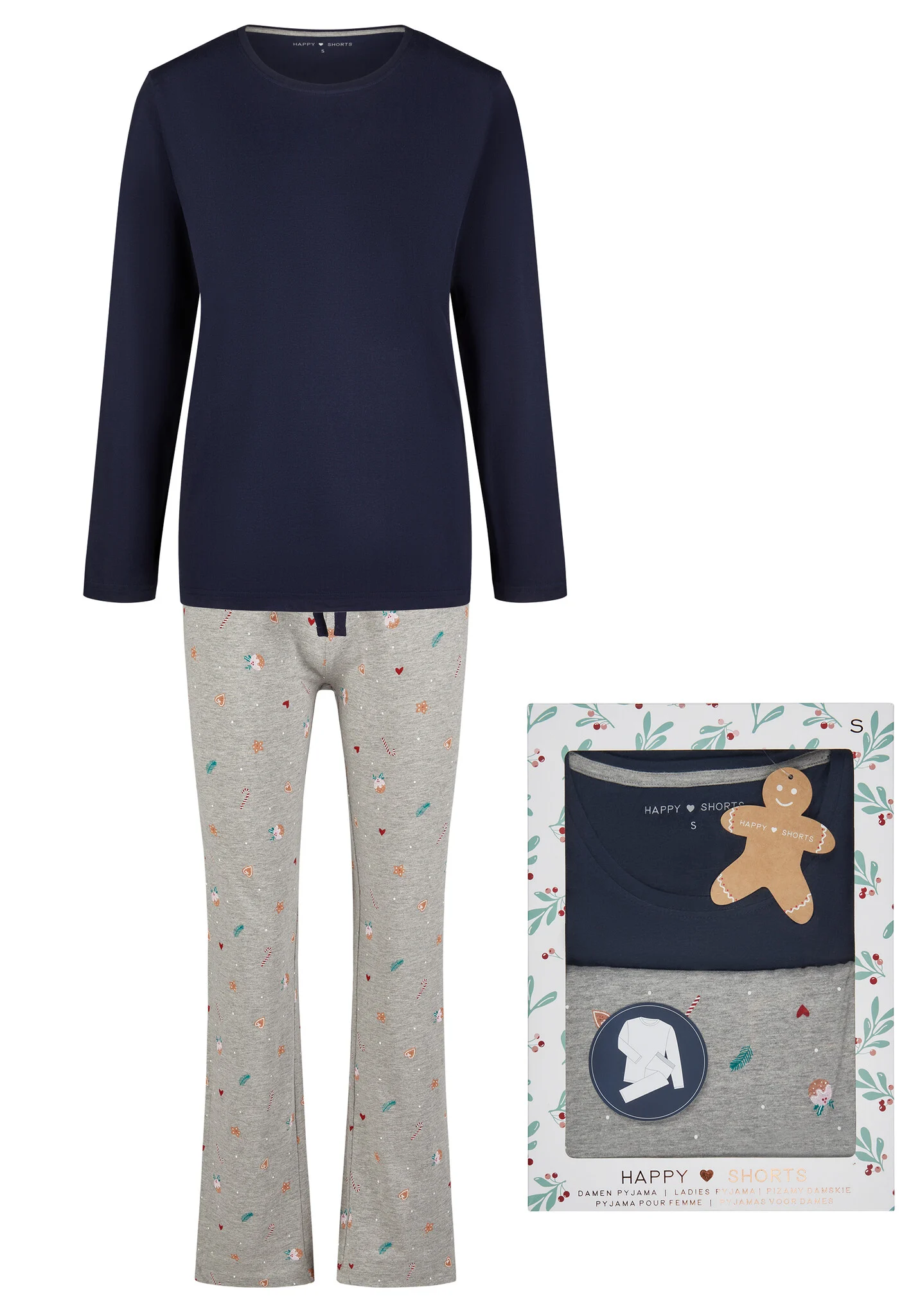 Happy Shorts Dames kerst pyjama set shirt + broek giftbox bakkerij