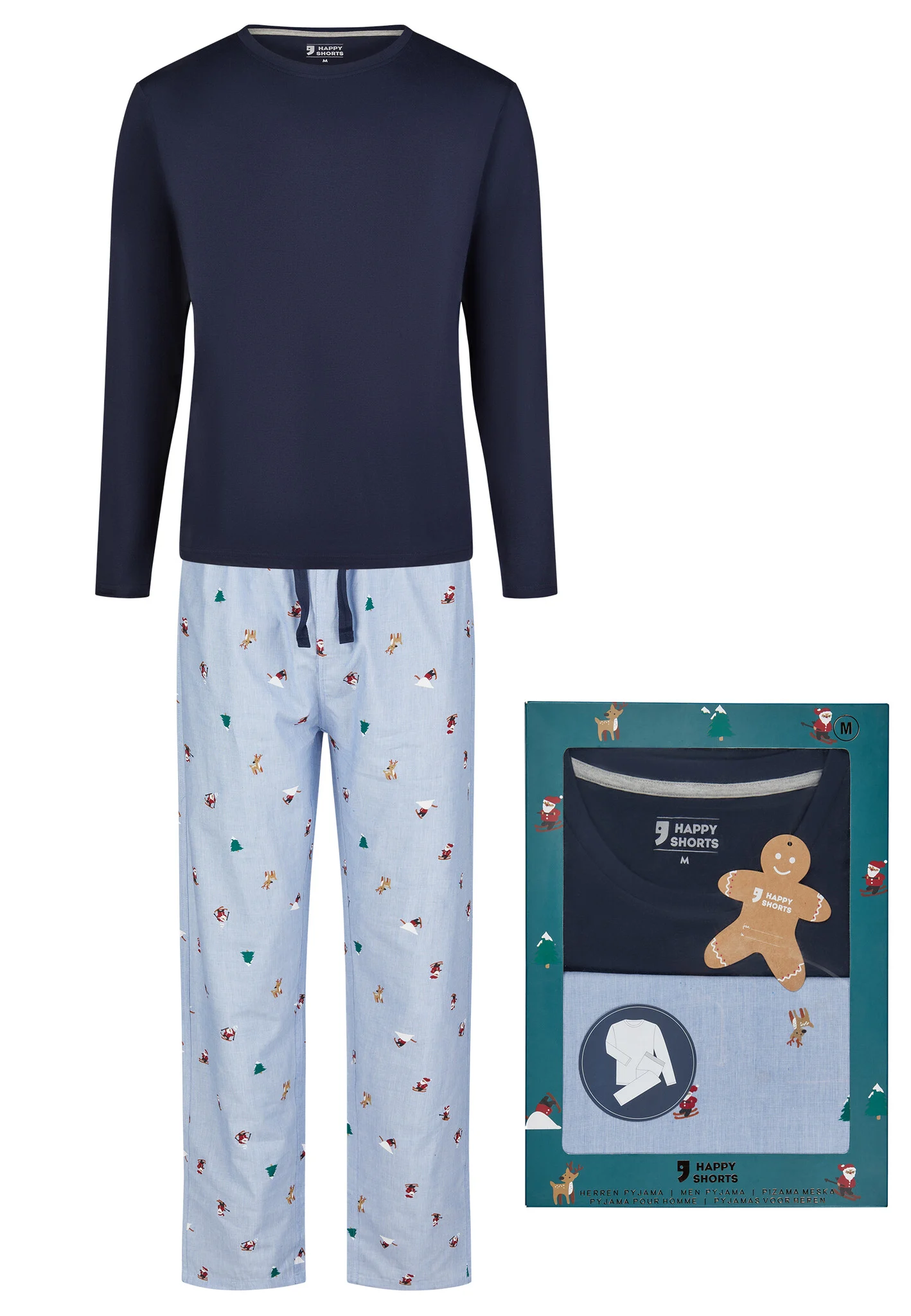 Happy Shorts Heren kerst pyjama set shirt + broek giftbox skiing santa blauw