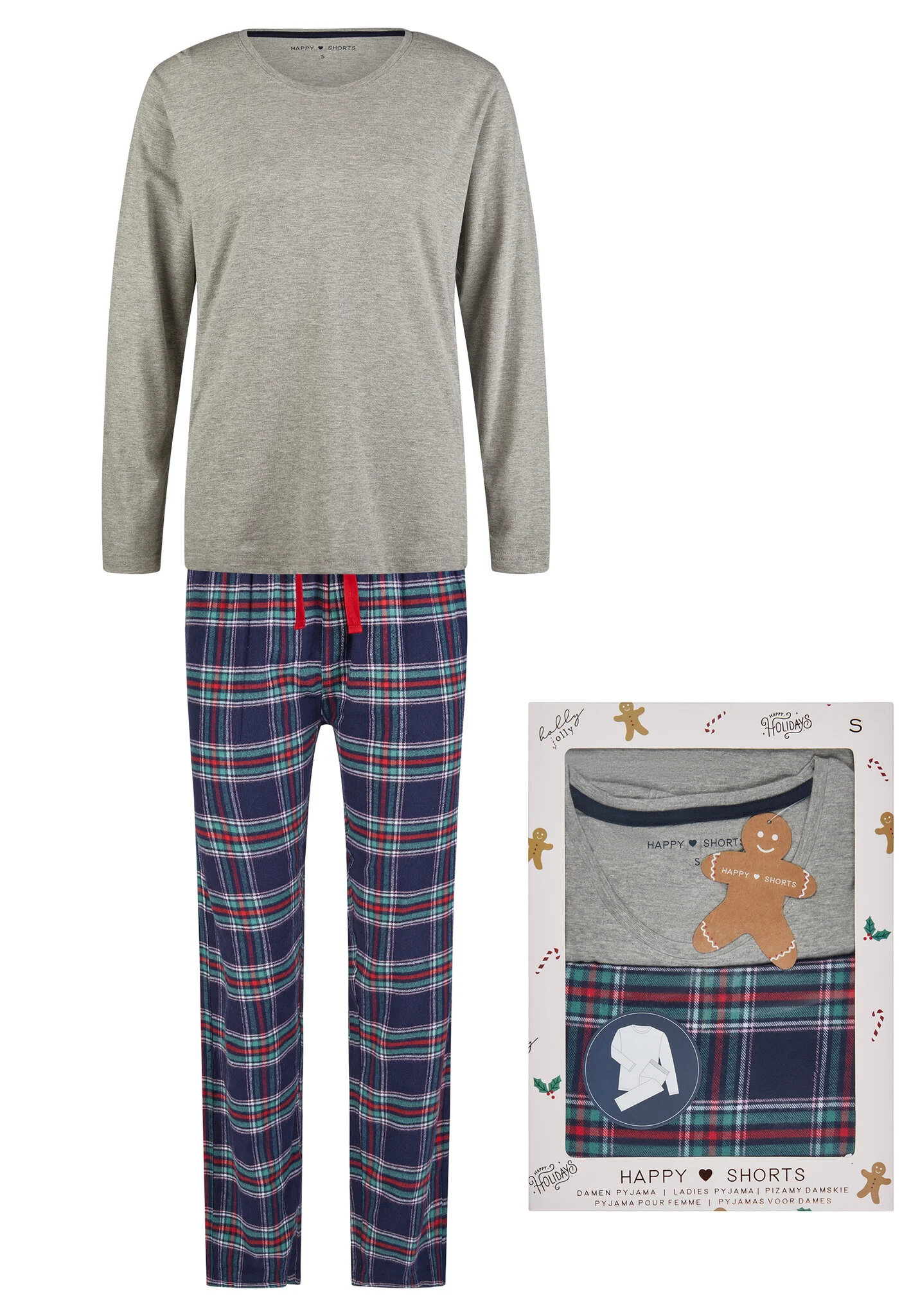 Happy Shorts Dames kerst pyjama set shirt + broek giftbox flanel geruit