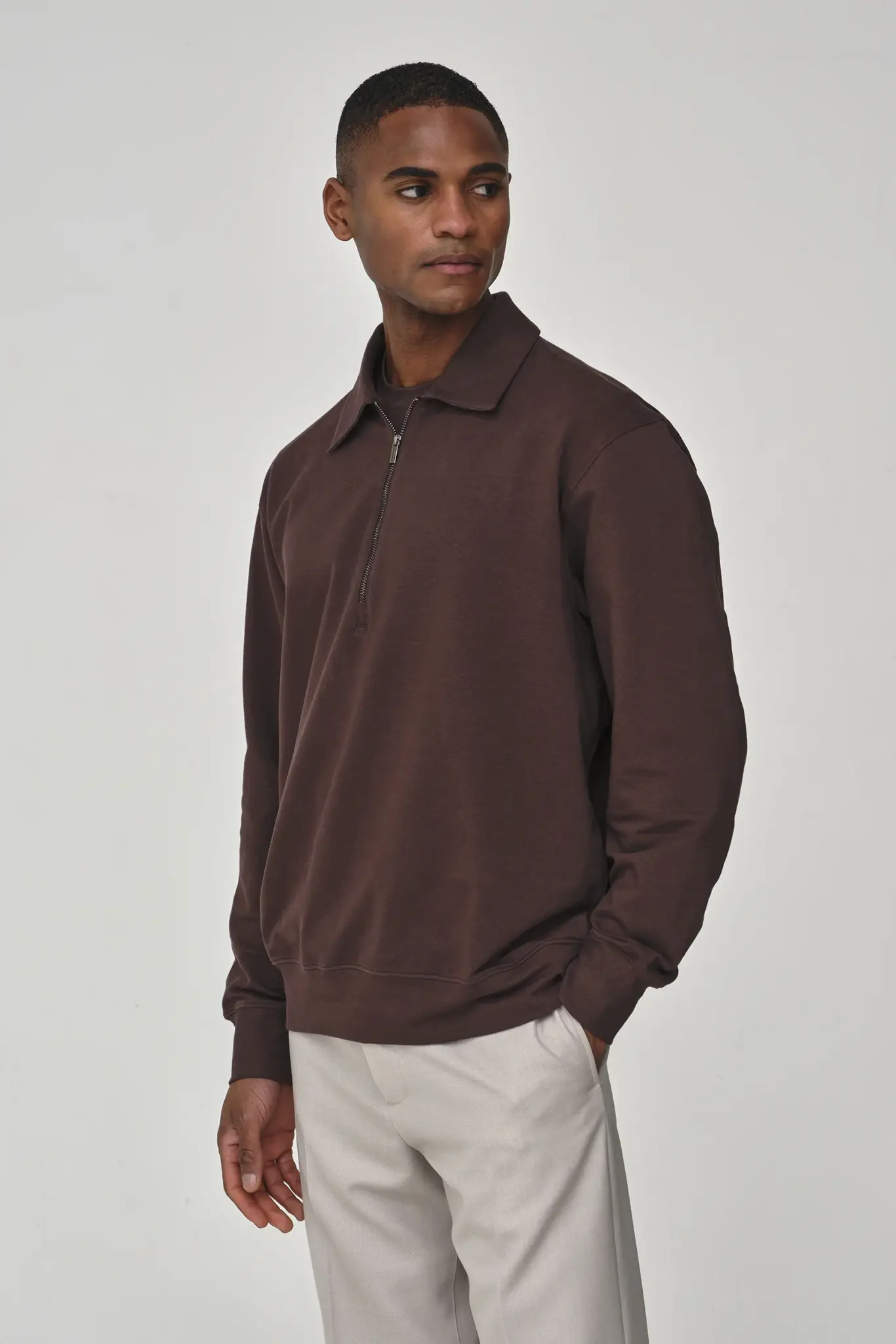 Valenza Stretch cotton polo zip sweater ebony