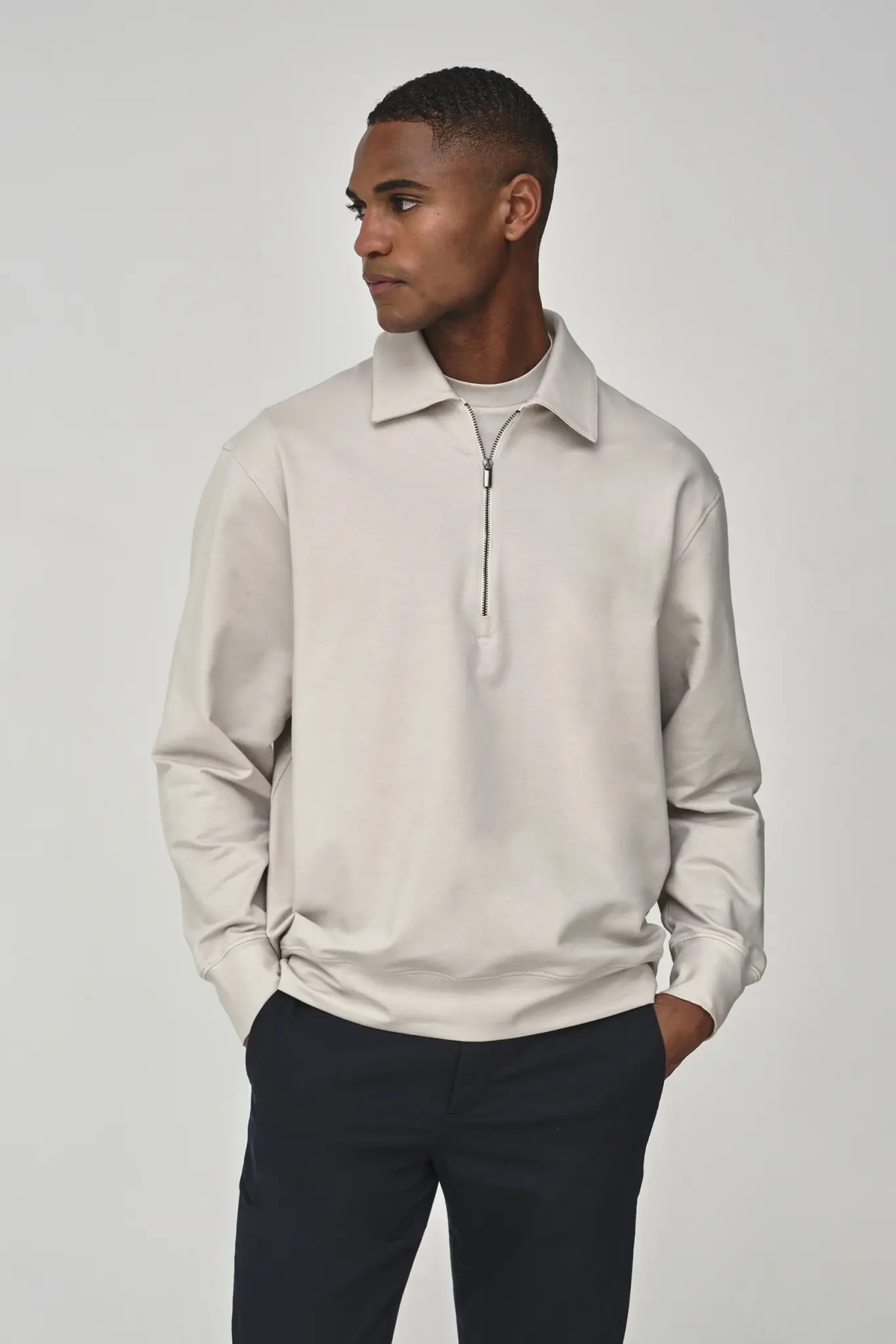 Valenza Stretch cotton polo zip sweater pearl