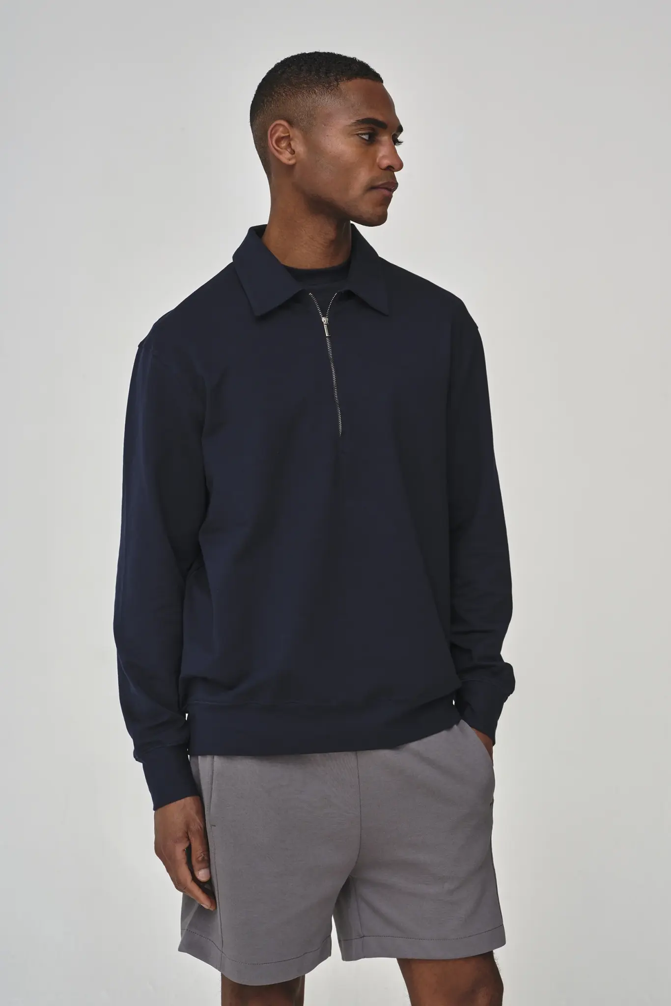 Valenza Stretch cotton polo zip sweater navy
