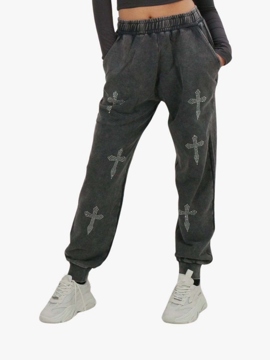 Hidden Hills Dames broek rhinestone cross sweatpants acid grey