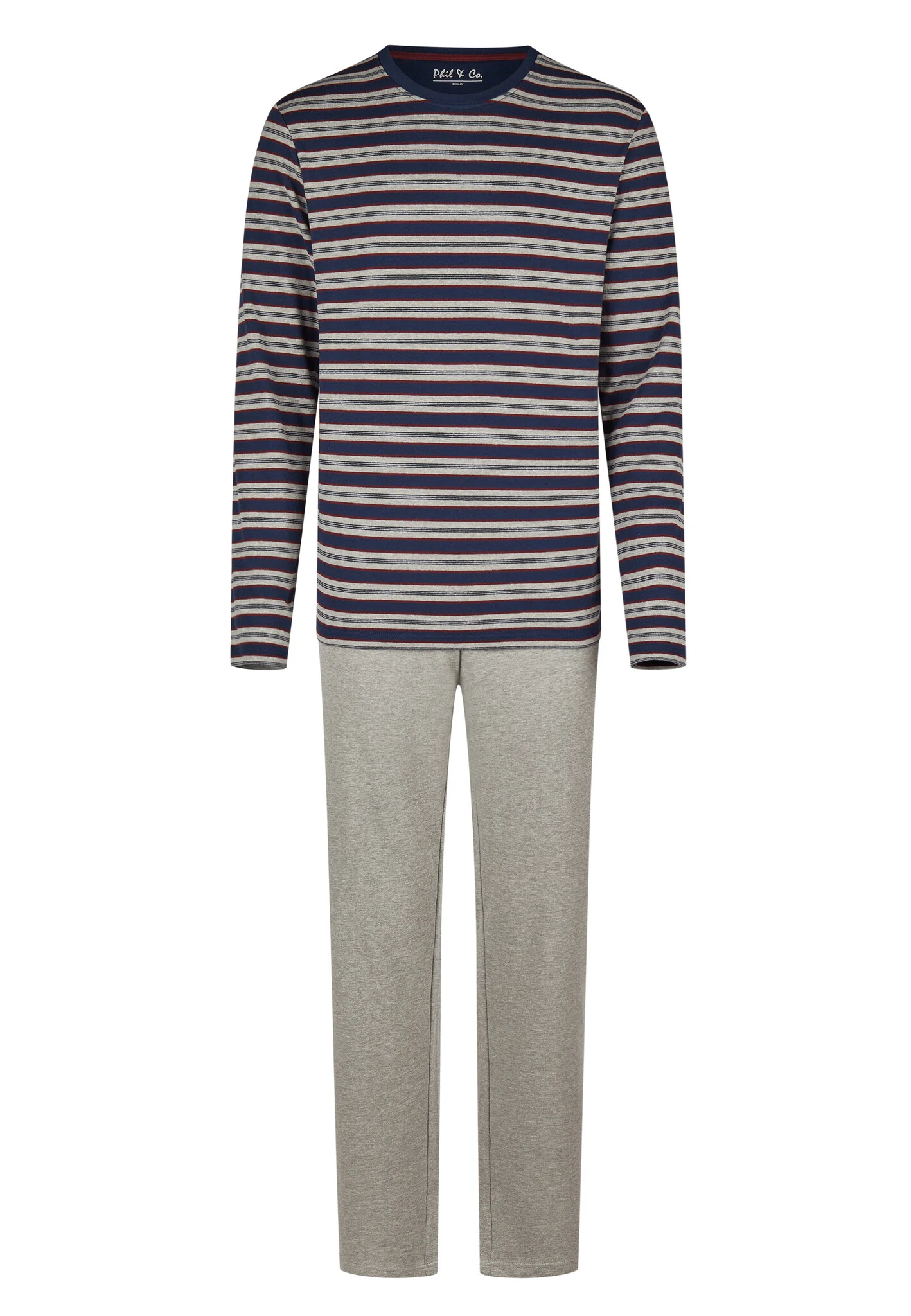 Phil & Co Heren winter pyjama set lang interlock grijs blauw/rood gestreept