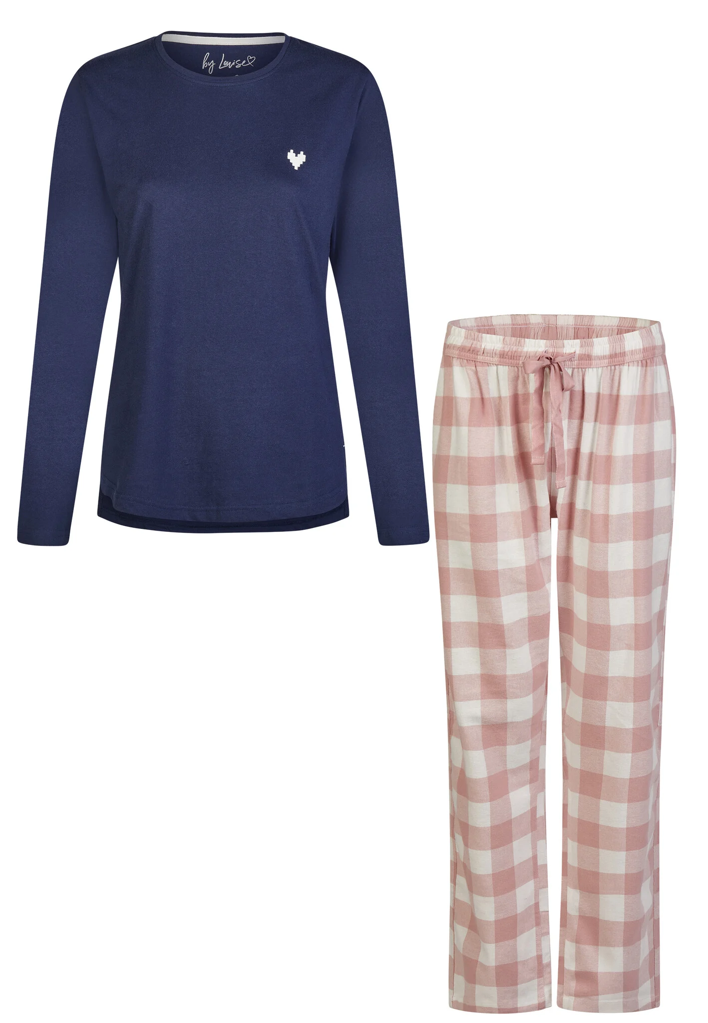 By Louise Dames pyjama set lang flanel geruit roze