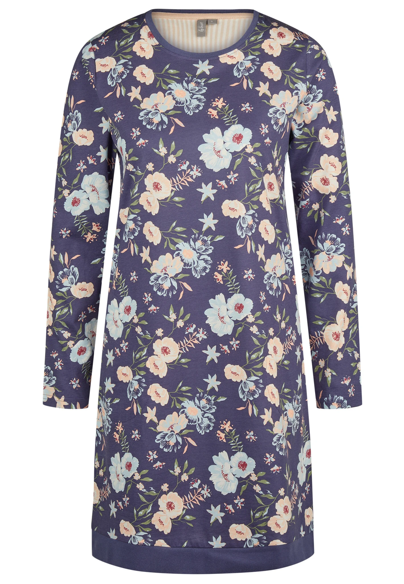 By Louise Dames nachthemd lange mouw katoen donkerblauw gebloemd