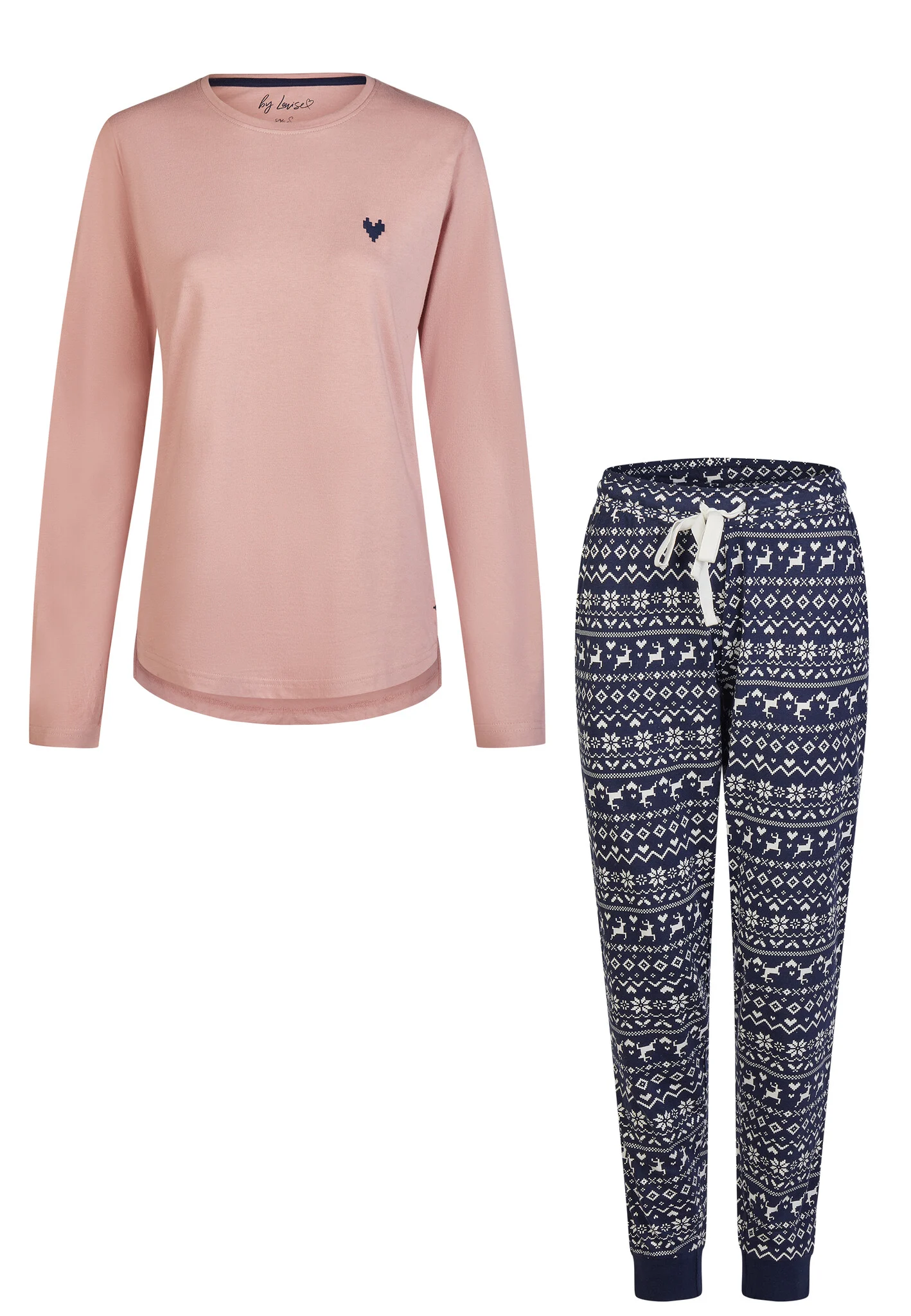 By Louise Dames pyjama set lang katoen roze/donkerblauw norwegian jacquard print