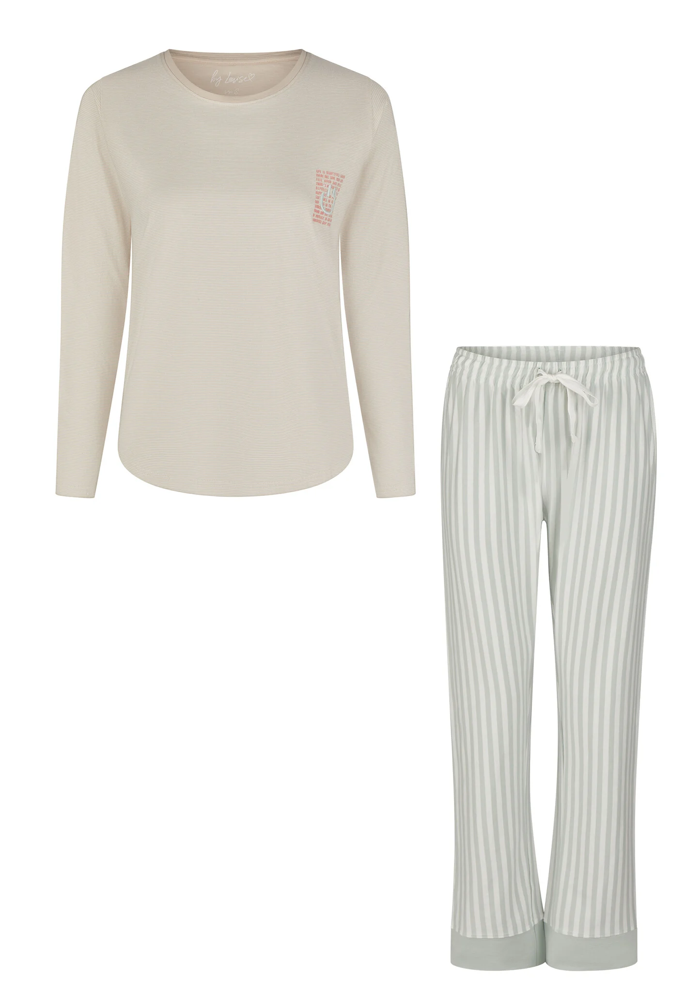 By Louise Dames pyjama set lang katoen beige/mintgroen gestreept