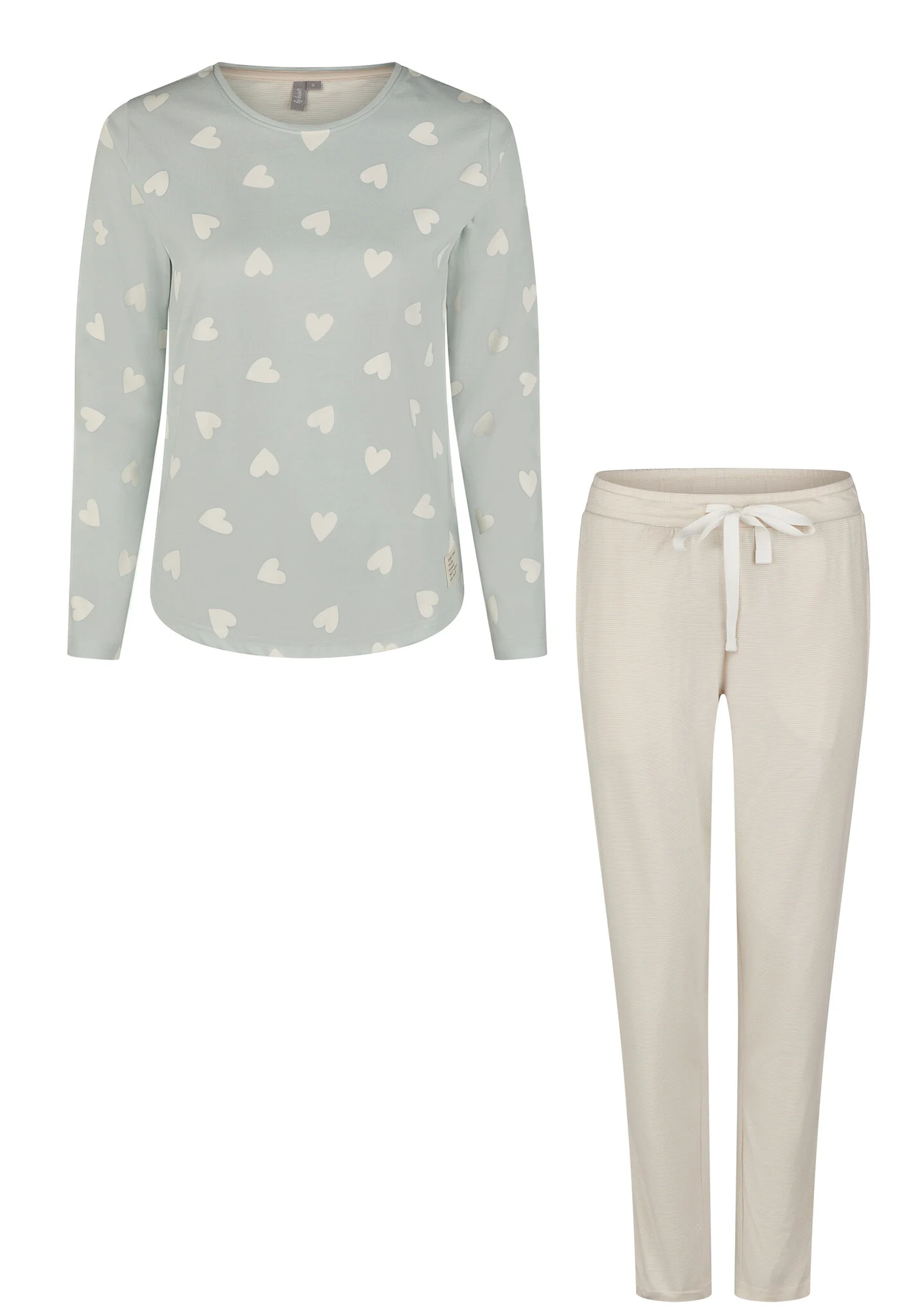 By Louise Dames pyjama set lang katoen mintgroen hartjes/beige gestreept