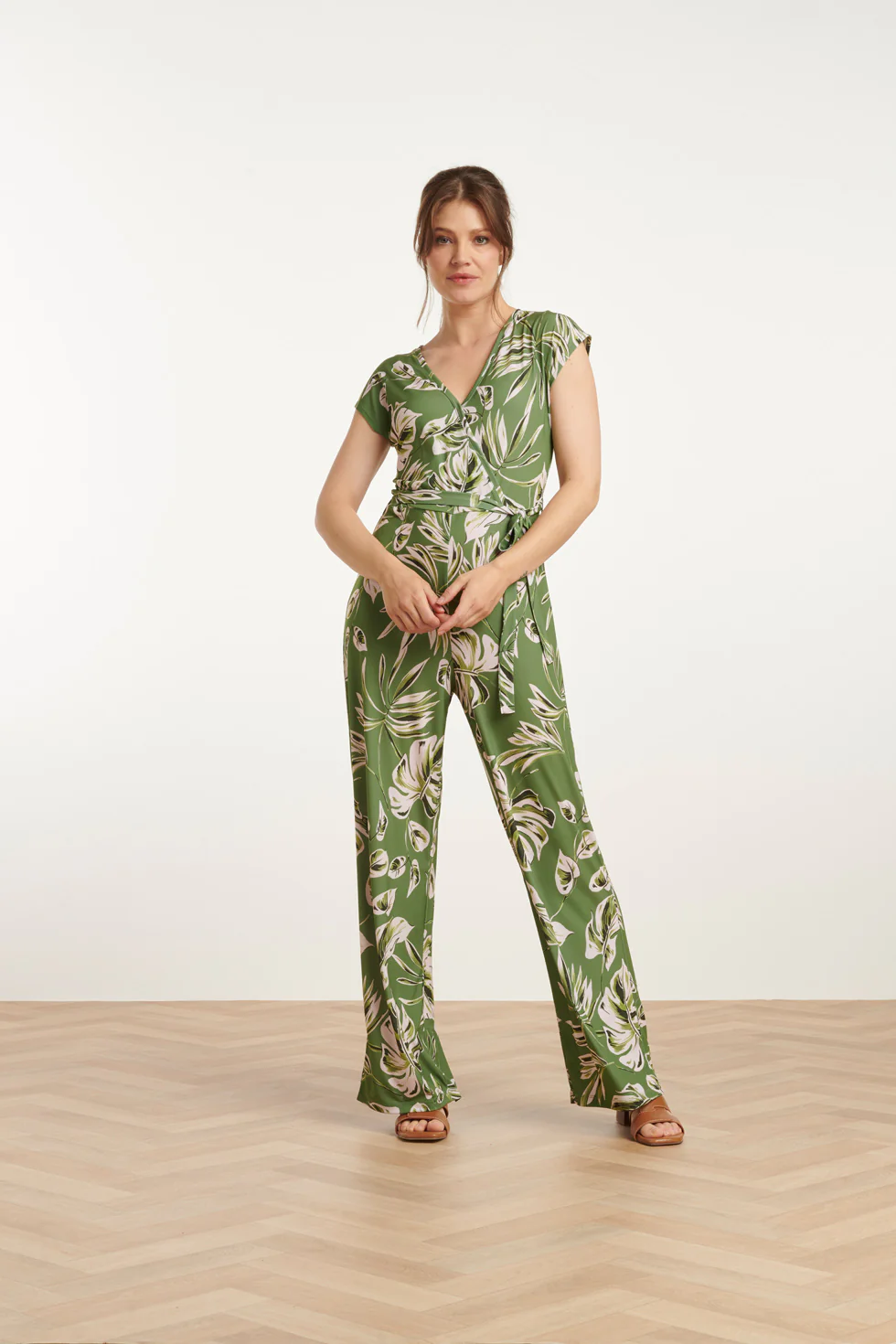 Smashed Lemon 25160 groene leaf print stretch jumpsuit