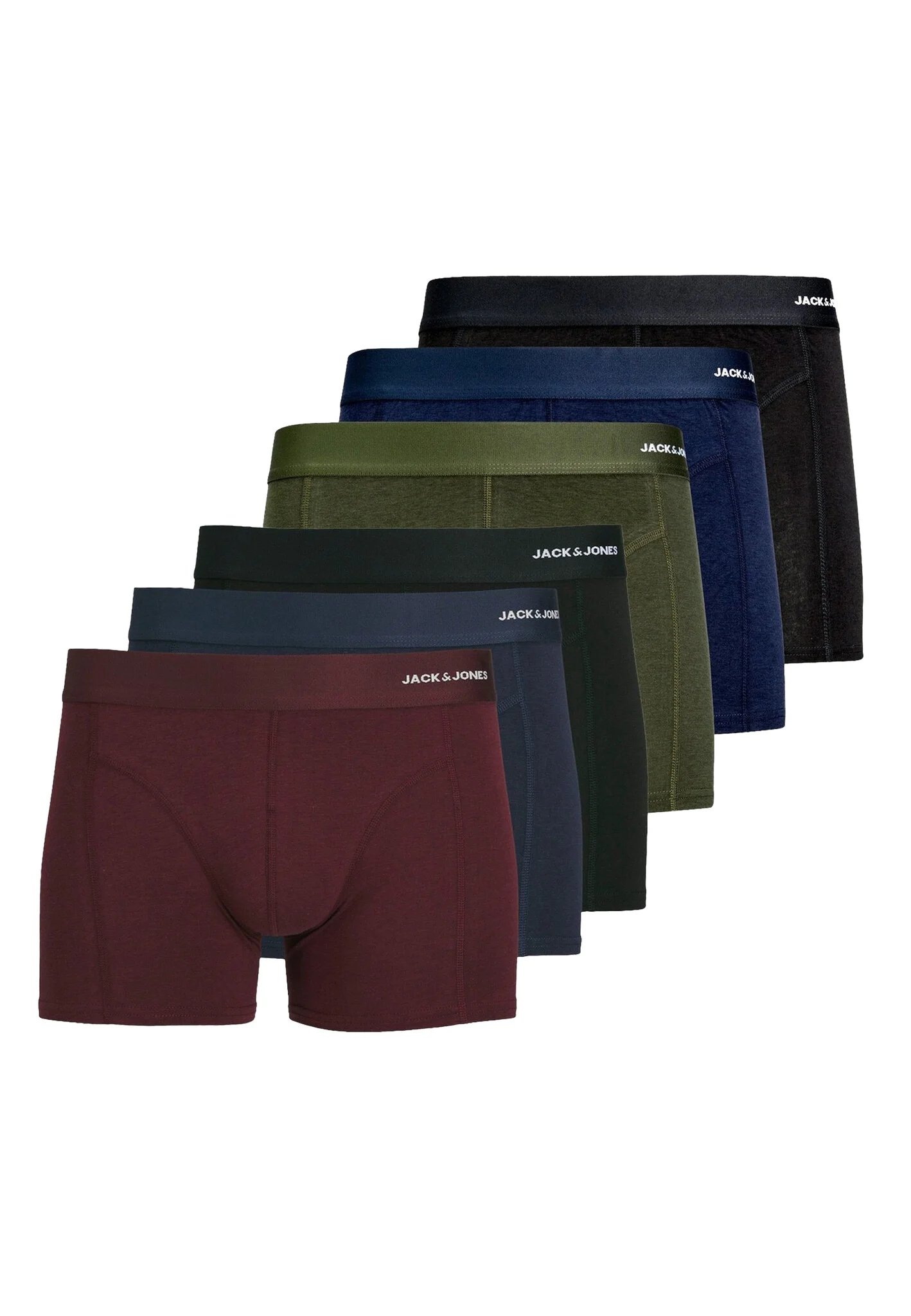 Jack & Jones Heren boxershorts trunks effen jacbasic bamboe 6-pack rood/zwart/blauw/groen