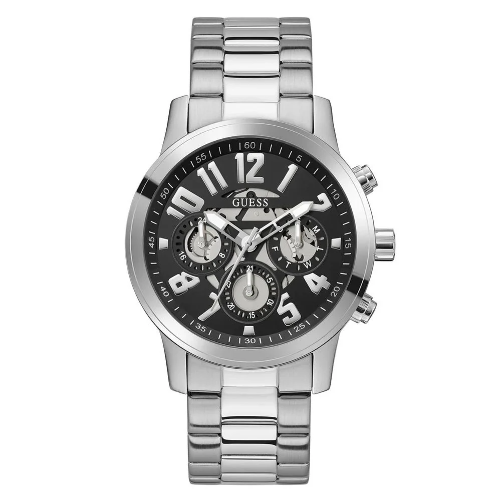 Guess Grijze rvs horloge met dubbel kalenderfunctie