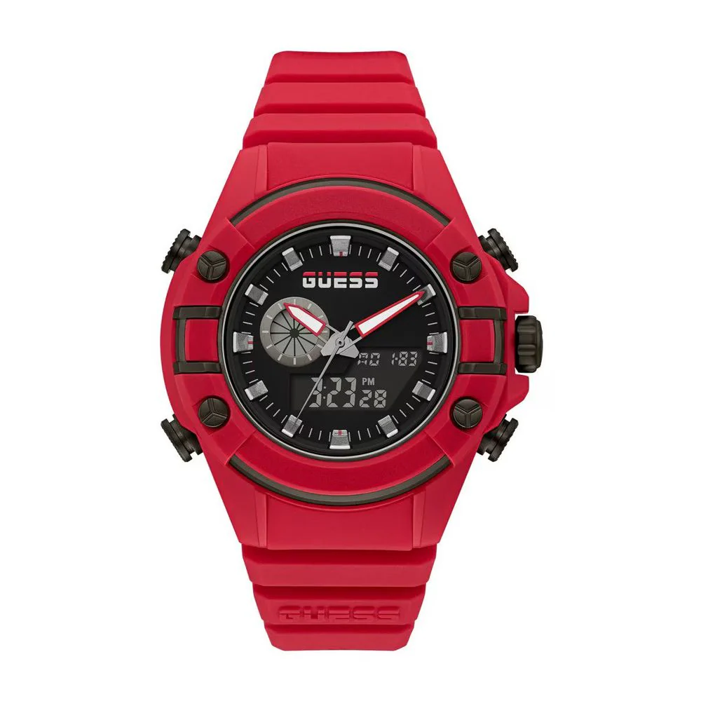 Guess Rode silicone horloge met analoge en digitale weergave