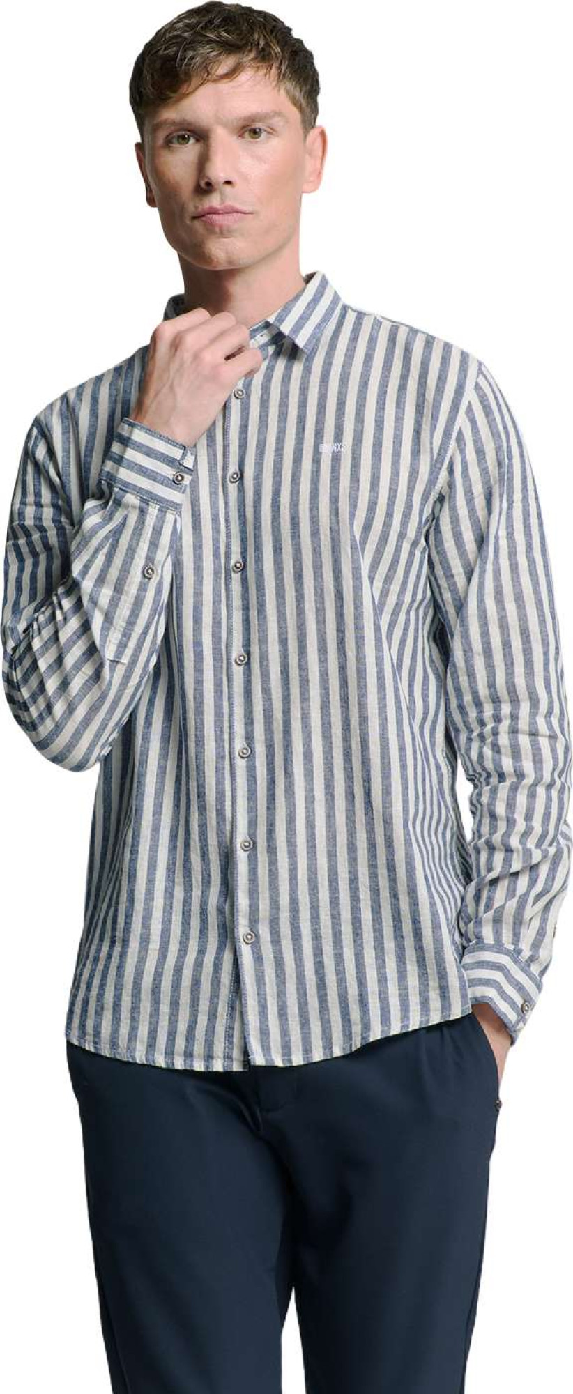No Excess Shirt verical big stripes with line indigo blue