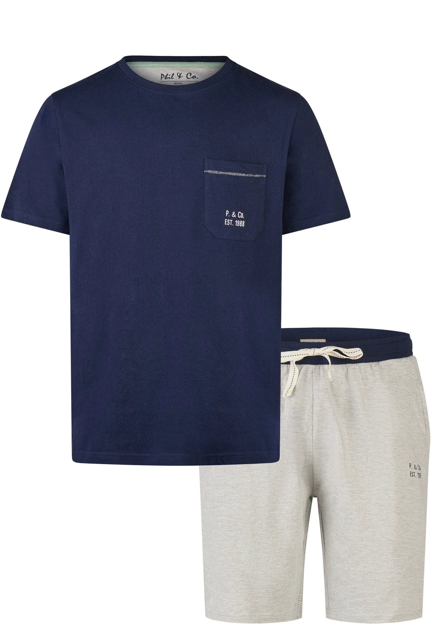 Phil & Co Heren korte pyjama set shortama donkerblauw/grijs gestreept