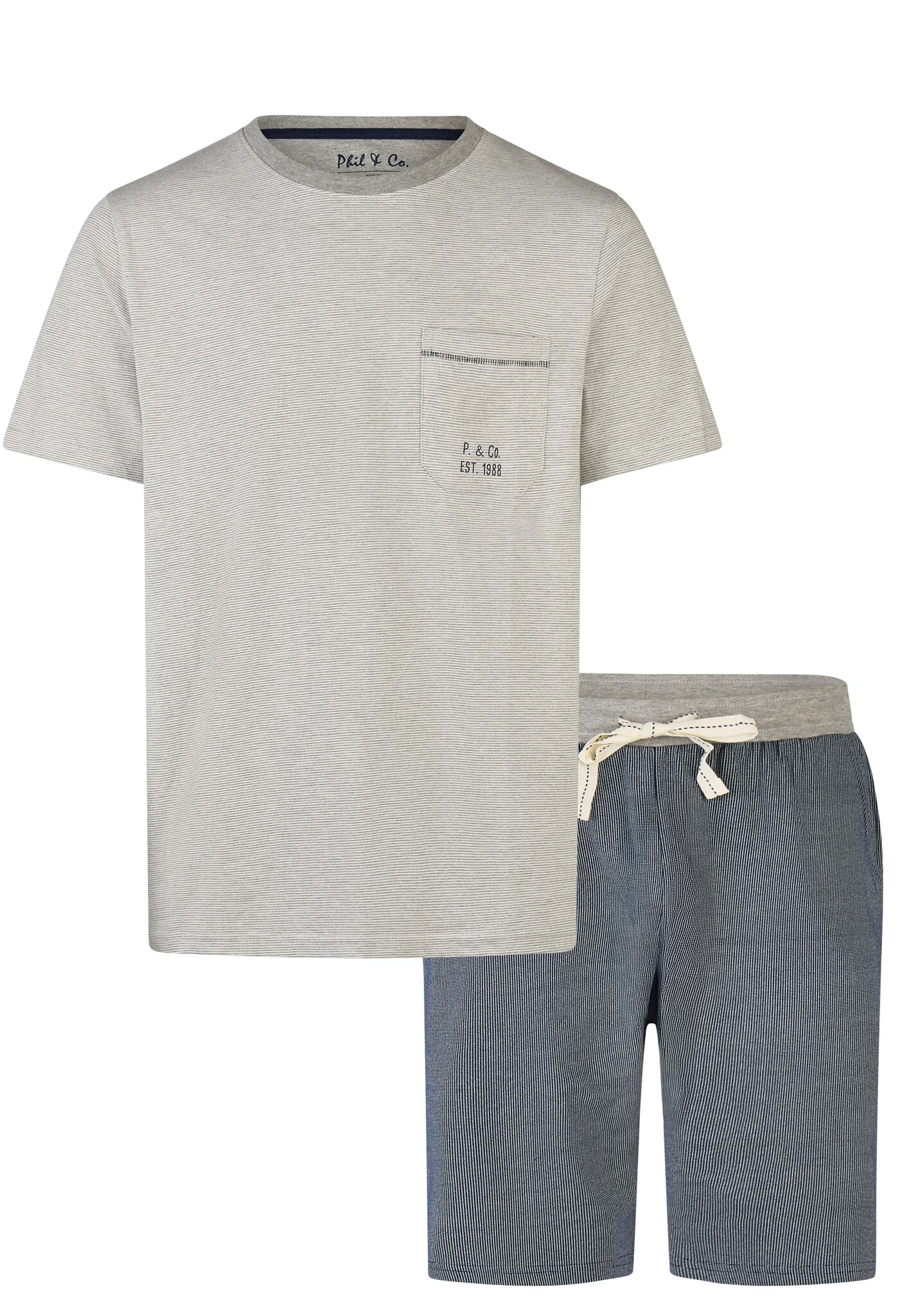 Phil & Co Heren korte pyjama set shortama grijs gestreept/blauw