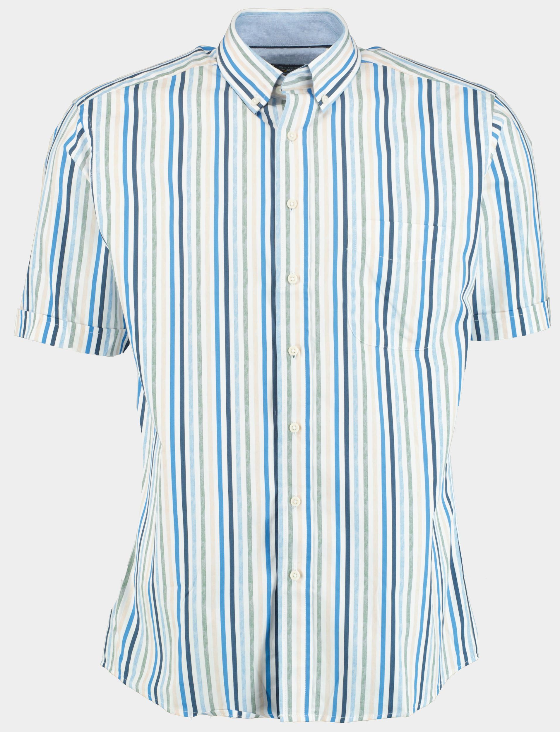 Bos Bright Blue R.b. boston casual hemd korte mouw regular fit blauw beige streep 516670/727