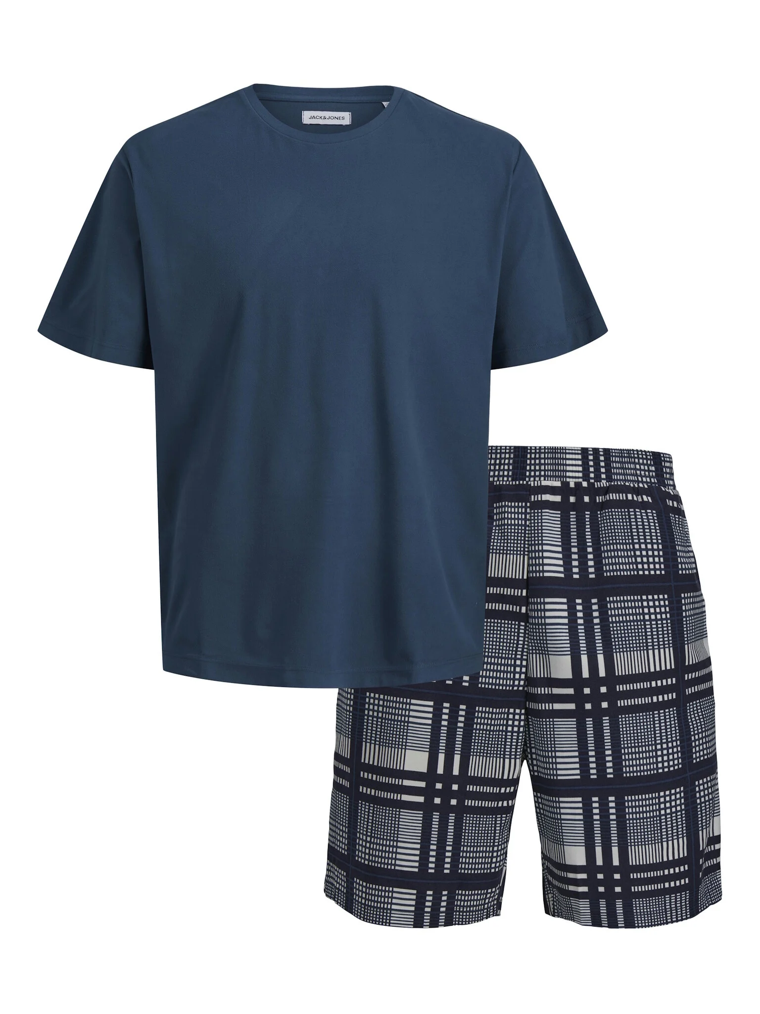 Jack & Jones Heren korte shortama pyjamaset jacmax ronde hals donkerblauw/geruit